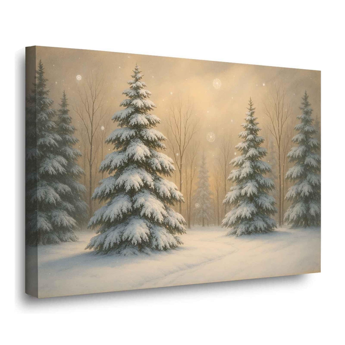 Framed Canvas Wall Art Vintage Winter Christmas Trees Landscape Poster Farmhouse Christmas Neutral Snowy Painting Holiday Evergreen Art 28x40in Wood Framed