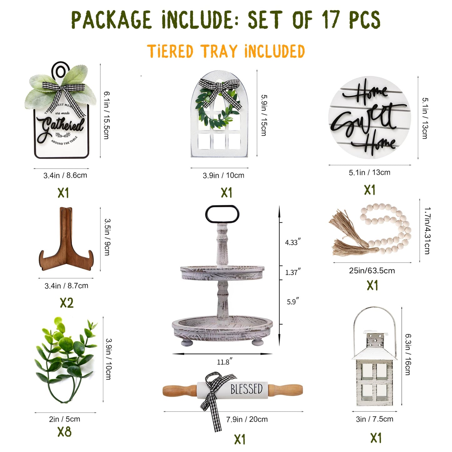 Houmury Set of 17 Farmhouse Tiered Tray with 1 Lantern Artificial Plant& Cutting Board Sign for Rustic Home Sweet Home Kitchen Decor Tier Tray Decor Set