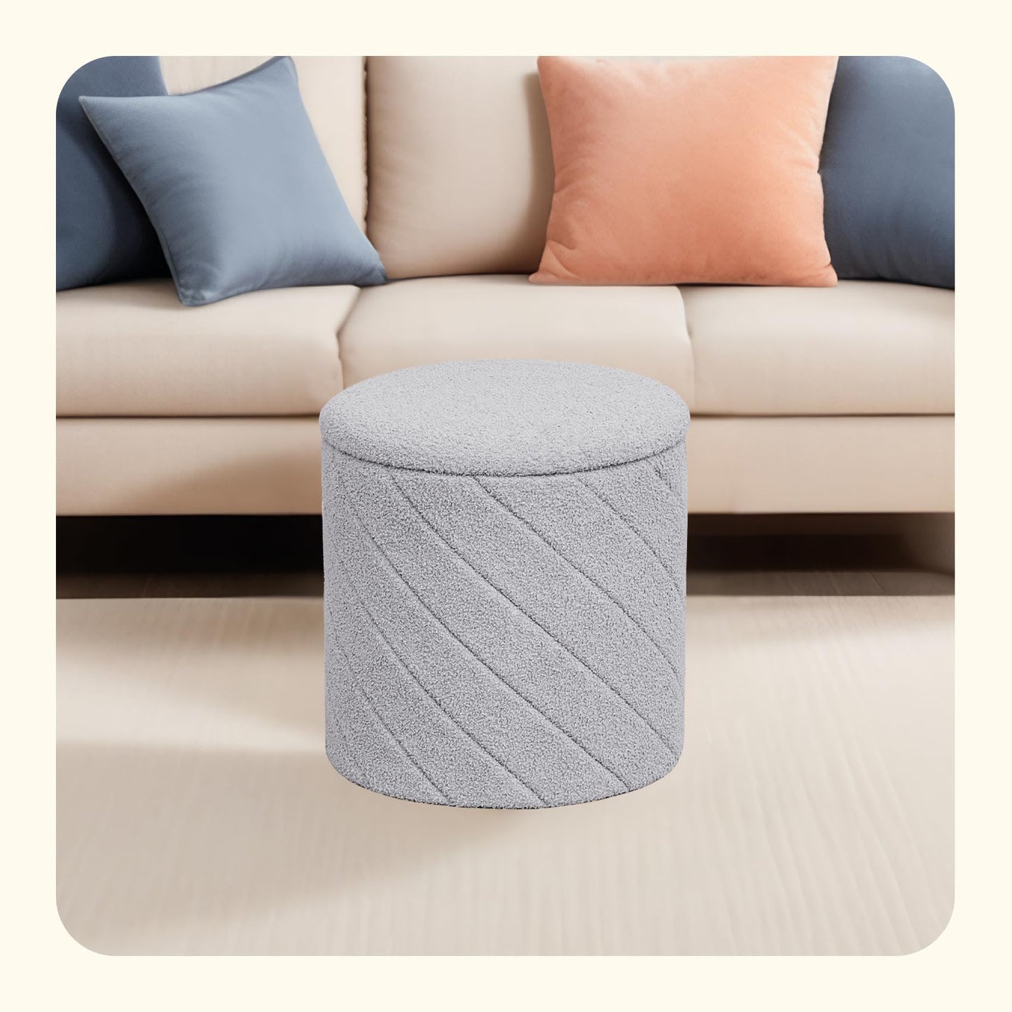 PINPLUS Ottoman with Stroage Round Boucle Ottoman and Tray Sherpa Removable Foot Stool Coffee Table for Dorm, Living Room Grey, 16.9"x16.9"x17.7"