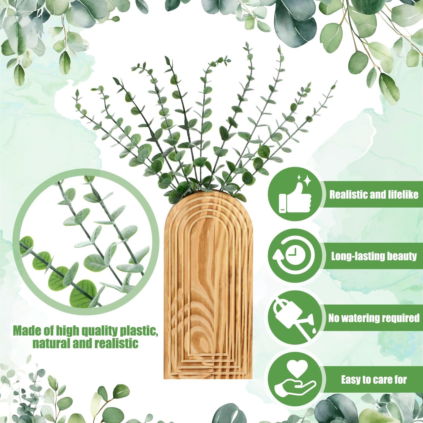 Ninehaoou 2 Pack 15" Wooden Wall Vase with 20 Pcs Artificial Eucalyptus Leaves Stems Planter, Boho Modern Farmhouse Bathroom Hanging Planter for Wedding, Hallway, Bedroom, Living Room