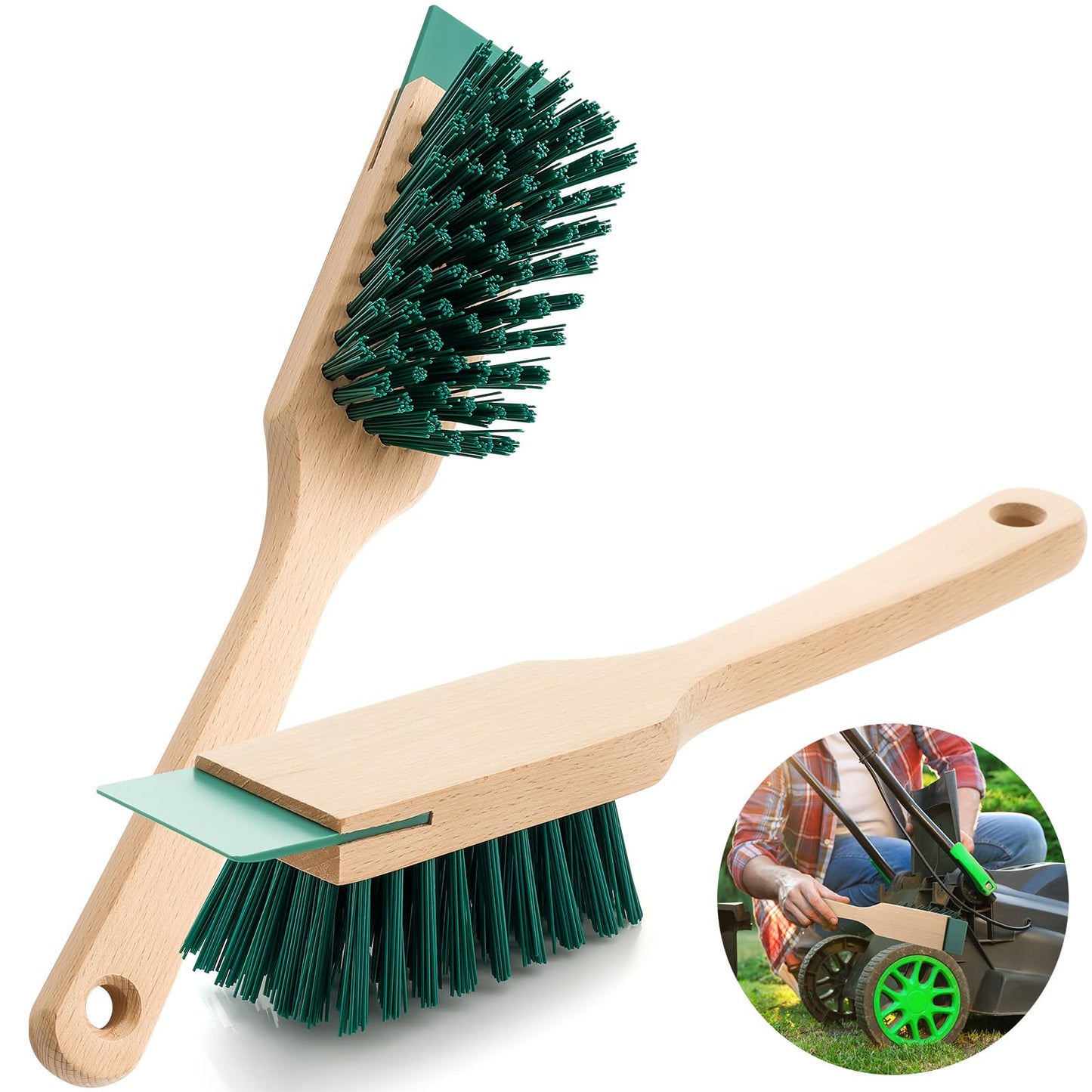 CroBlissful 2 Pcs Heavy Duty Scrubbing Brush Stiff Bristle Brush with Wood Handle and Scraper for Lawn Mower Deck Scraper Cleaning Outdoor Boot Scrub Brushes