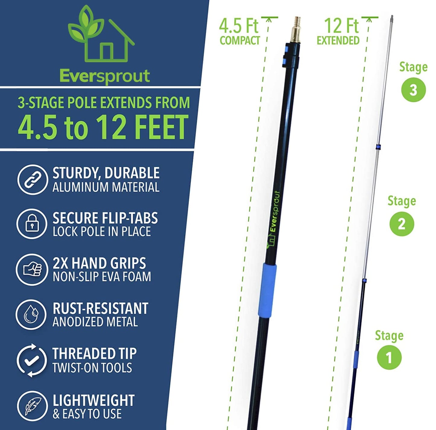 EVERSPROUT 5-to-12 Foot Boat Hook & Scrub Brush Kit (15-20 Foot Reach) | Soft-Bristle Deck Brush with Built-In Bumper Prevents Scratching | Durable Lightweight 3-Stage Extension Pole | Floating Design