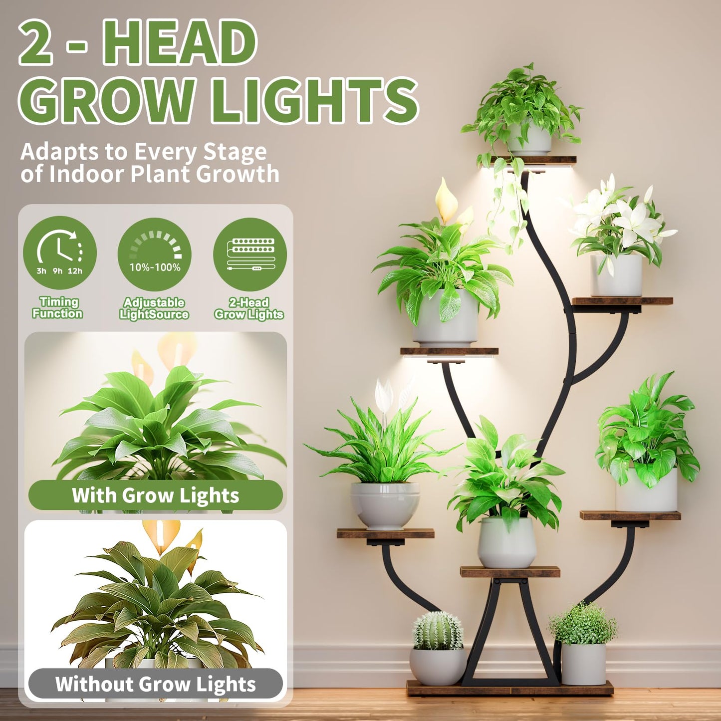 Plant Stand Indoor with Grow Lights, 7 Tiered Indoor Plant Shelf, Corner Plant Stands for Indoor Plants, Metal Plant Shelf Flower Display, Seaweed-Shaped Plant Rack for Living Room, Patio, Black
