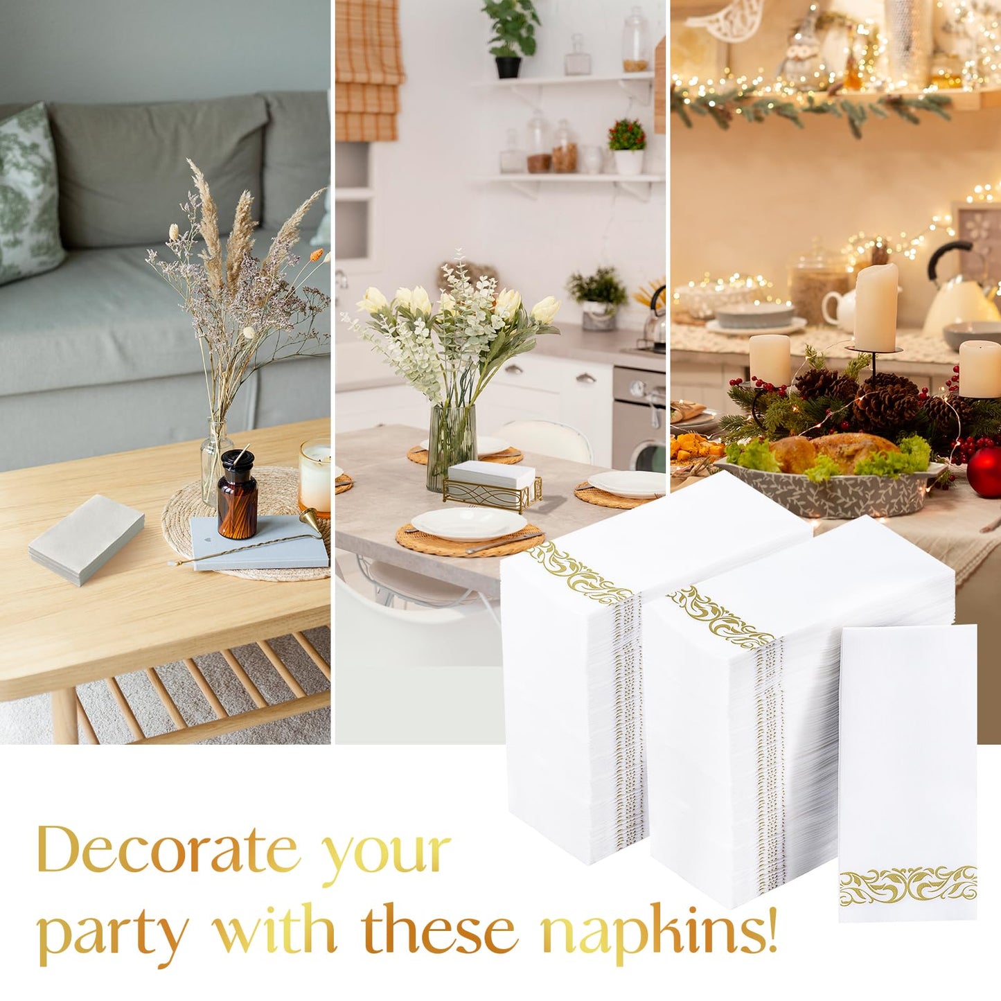 Vplus 200 Pack Paper Napkins Guest Towels Disposable Premium Quality 3-ply Dinner Napkins Disposable Soft, Absorbent, Perfect for Kitchen, Wedding, Parties, Dinners or Events (Gold)