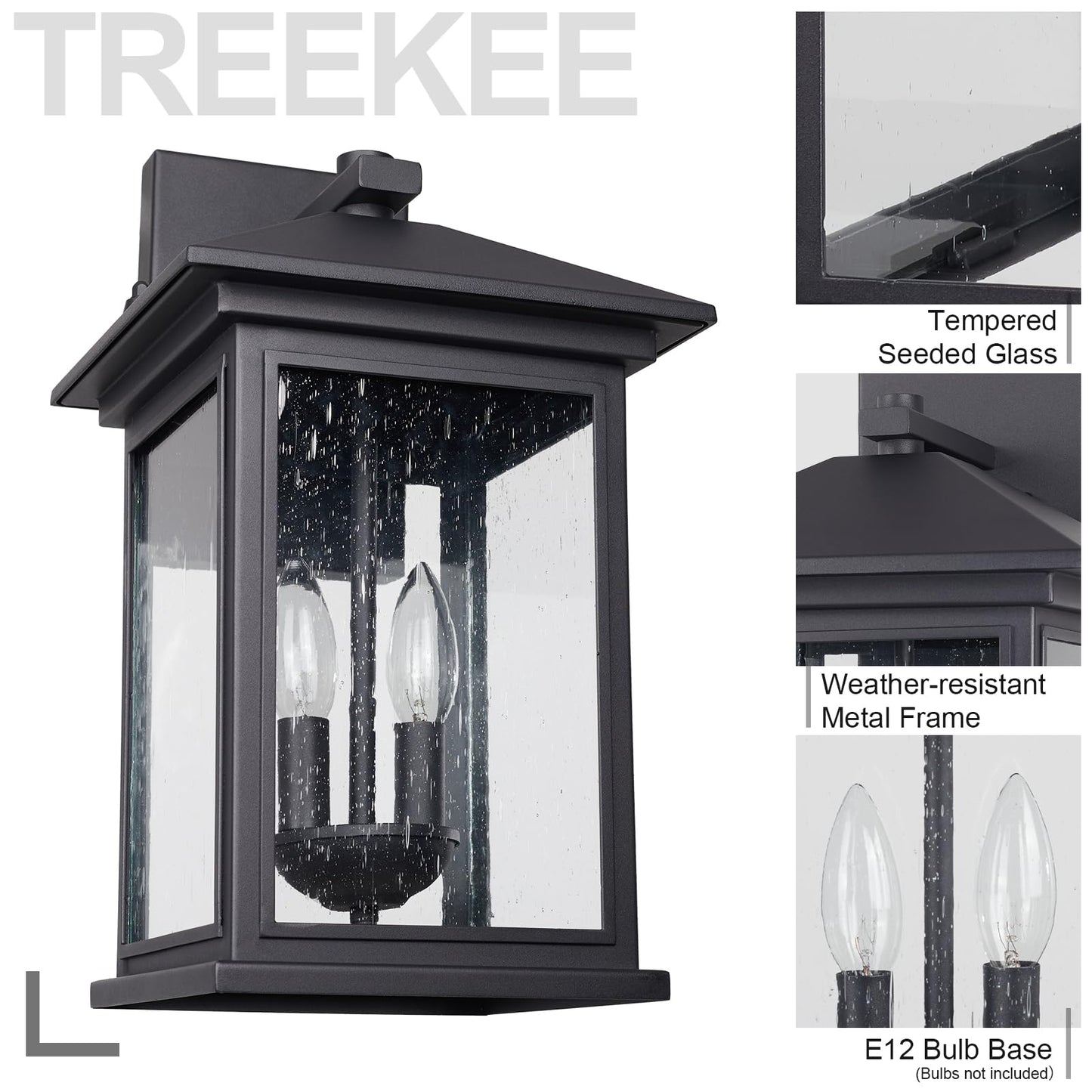 Treekee Outdoor Wall Light Fixtures, 16 Inch Waterproof Square Lanterns, 2-Light Exterior Porch Sconces Lighting with Seeded Glass Shade, Modern Black Lamps for Patio Front Door Entryway