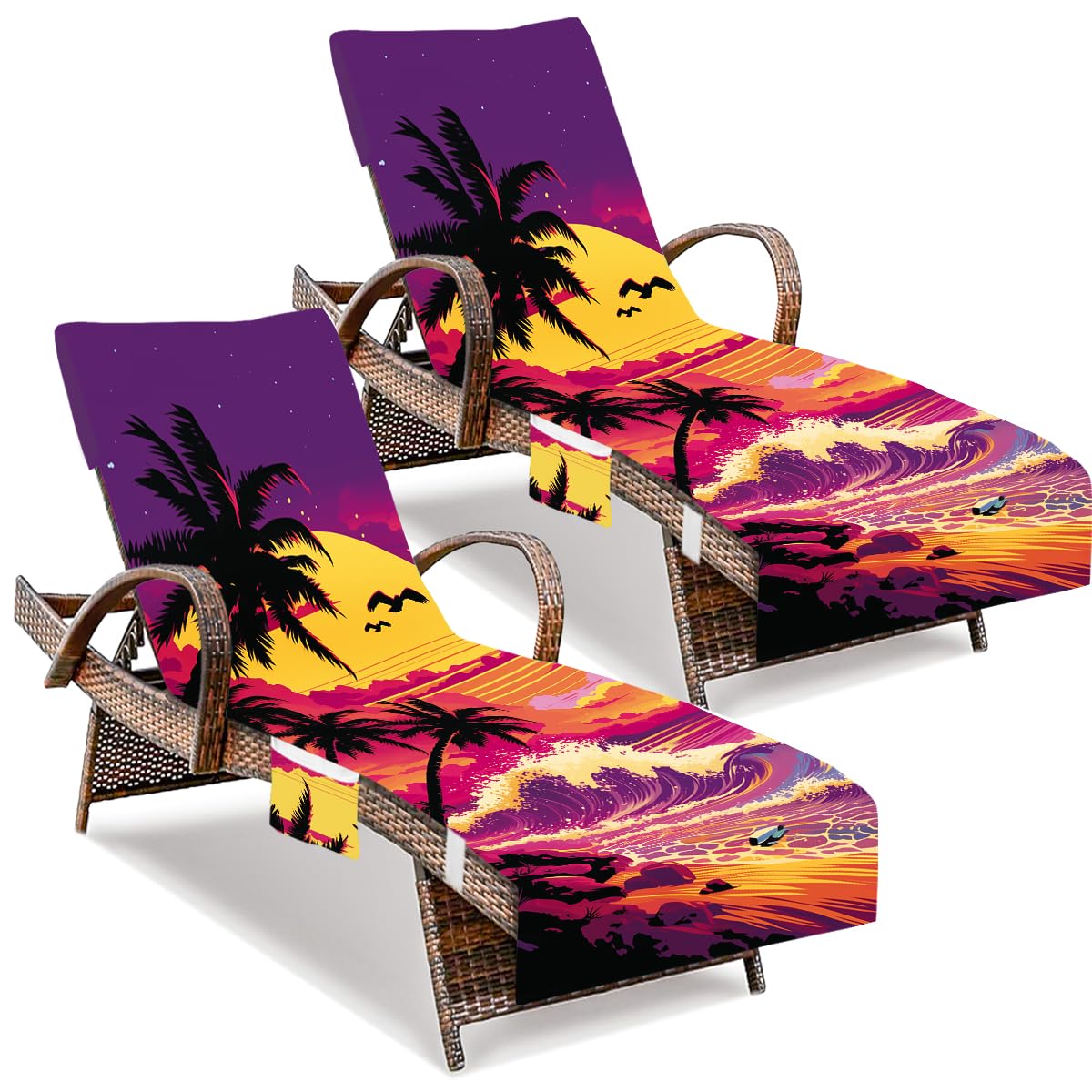 2 PCS Sunset Lounge Chair Towel Cover, Coconut Trees Beach Chair Covers, Chaise Lounge Cover with Pockets for Pool Sunbathing Beach Garden Courtyard Outdoor Trips, 85" X 30"