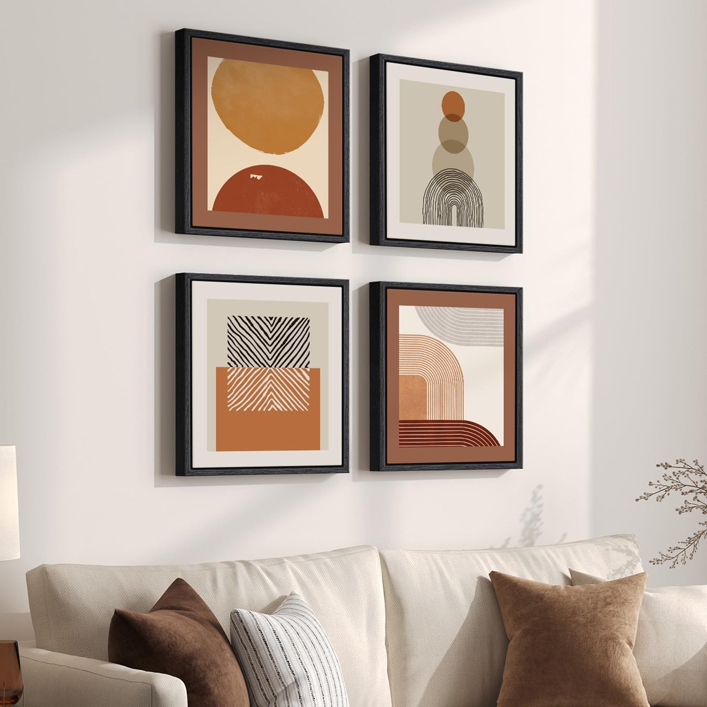4 Piece Framed Abstract Boho Wall Art Set, Modern Mid Century Canvas Picture Wall Decor, Minimalist Geometric Orange and Brown Paintings Prints for Living Room Bedroom Hallway, 12x12 Inch