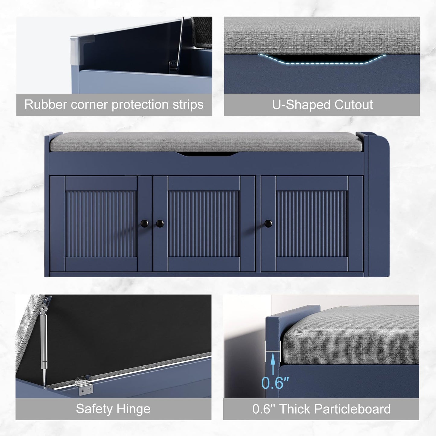 HOTAMO 42.6" Storage Bench - Entryway Shoe Bench with Side Storage Shelves and 3 Doors, Multifunctional Entryway Bench with Lift Top Cushion, Shoe Storage Bench for Bedroom, Living Room, Blue