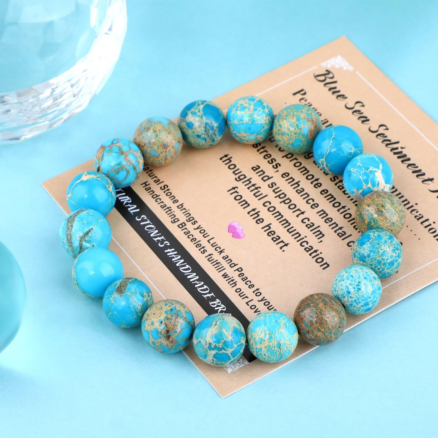 AD Beads 8mm Handmade Blue Sea Sediment Imperial Jasper Elastic Bracelet – Natural Gemstone for Joy & Positivity – Meditation, Yoga, Healing and Energy Gift for Men Women