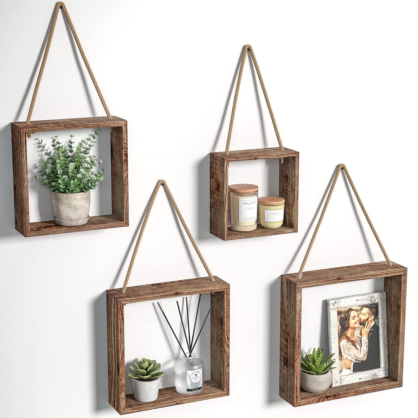 J JACKCUBE DESIGN Floating Hanging Square Shelves Wall Mounted Rustic Wood Cube Display Shelf Shadow Boxes Decorative Boho Home Décor for Living Room, Bedroom, Office, Set of 4 (Brown) - MK571B