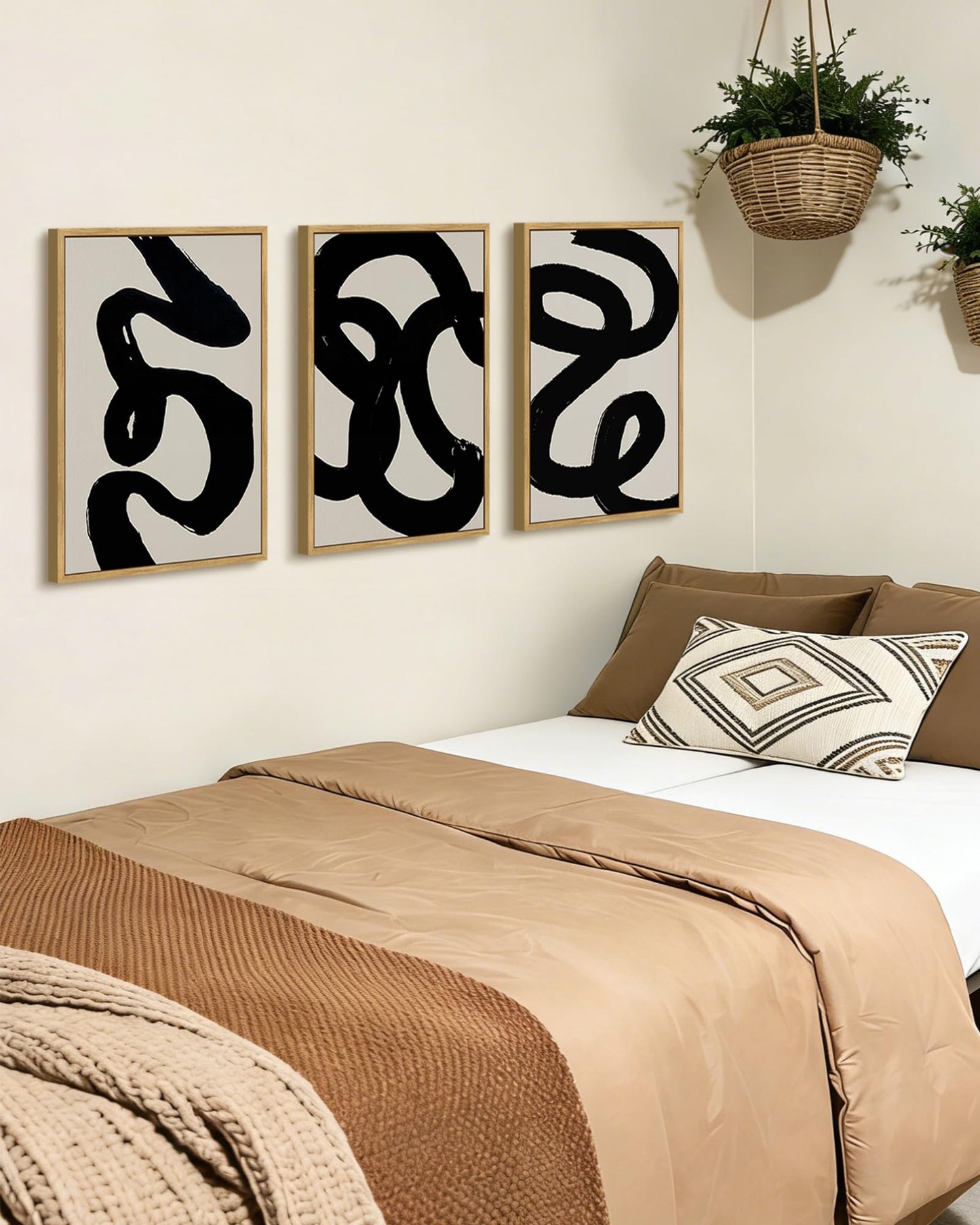 PHOPAGO Black Abstract Wall Art Ink Wash Minimalist Lines Framed Canvas Painting Artwork 11x14in Natural Framed