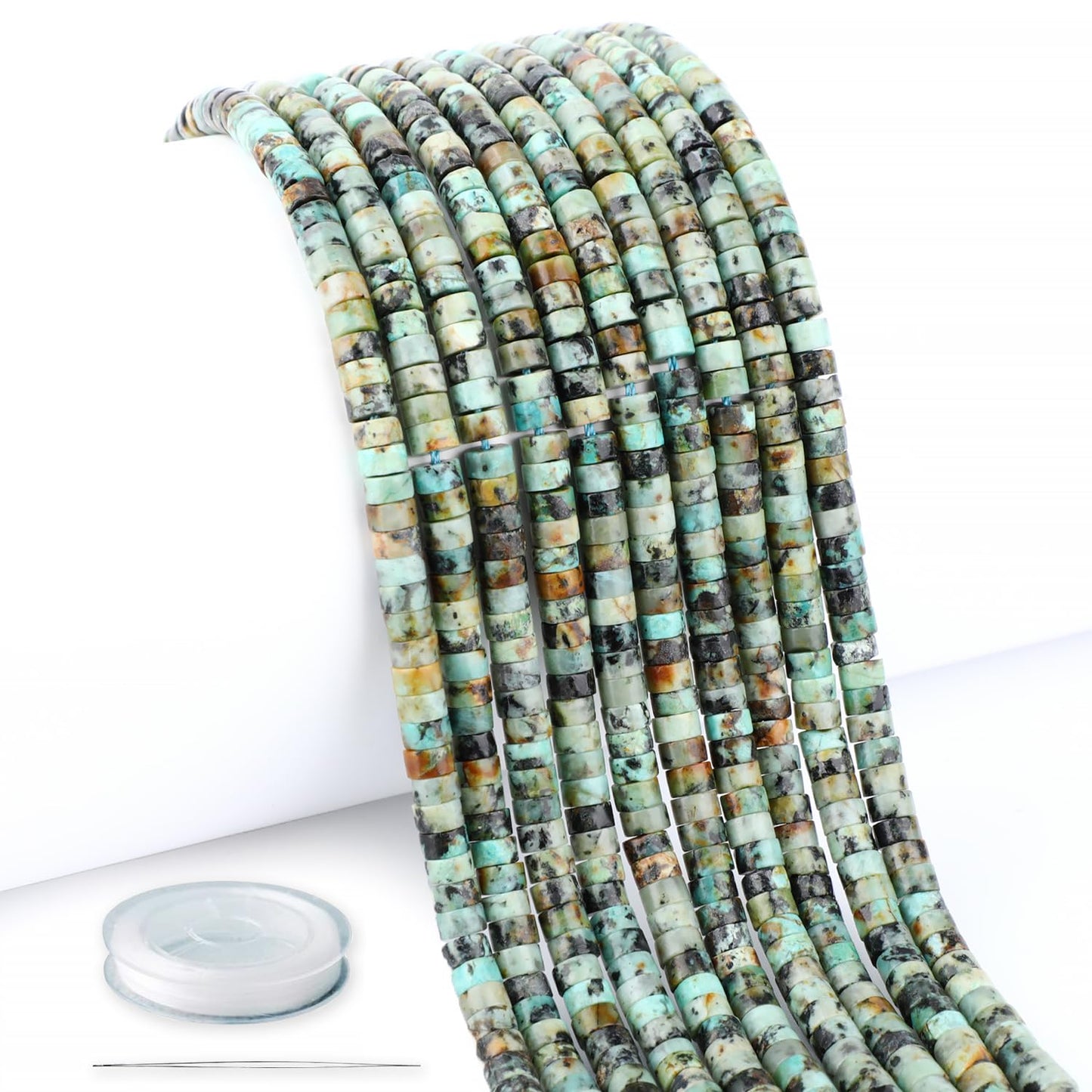 Natural African Turquoise Heishi Spacer Beads Loose Semi Precious Flat Round Gemstone Disc Shape Stone for Beading Jewelry Making 4x2mm 15.5"