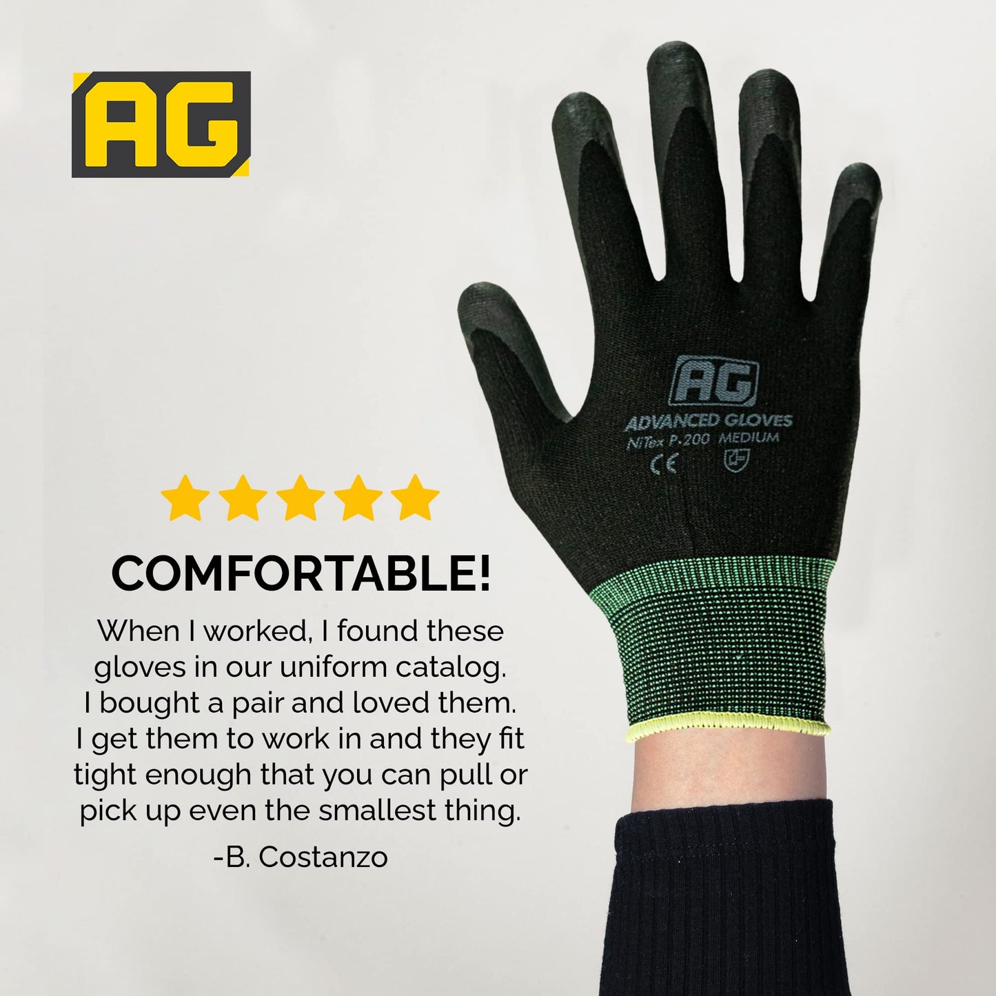 ADVANCED GLOVES – NiTex P-200 Nylon Nitrile Gloves, Breathable Nitrile Foam Coated Utility Gloves for Insulated Grip, Black, 6-Pair, Large