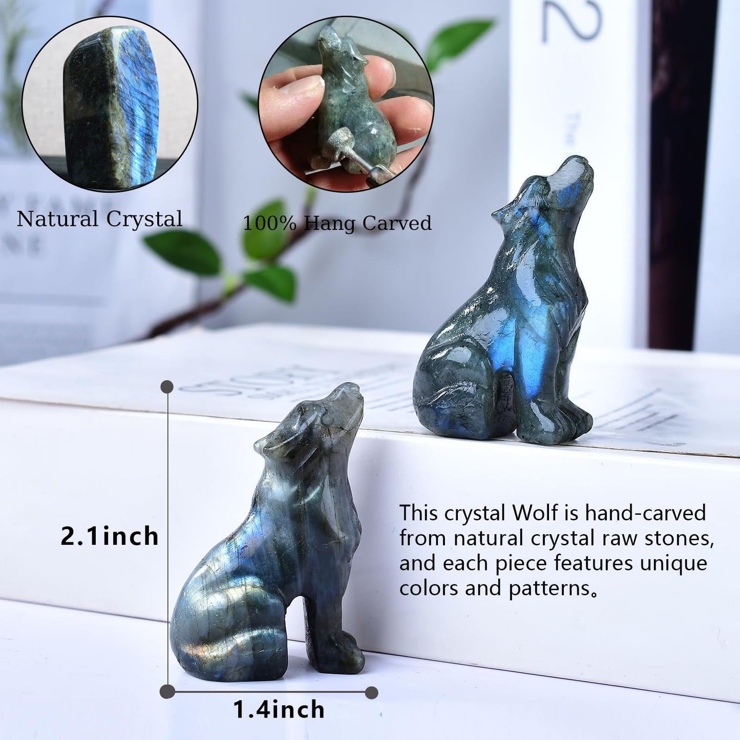 Ytbeoxk 2.1 Inch Labradorite Wolf Crystal Statue，Birthday Present Healing Crystal Decor，Wolf Totem Figurines Stone Energy Gemstones, in Bedroom Office Christmas Meditation Gifts for Men Women