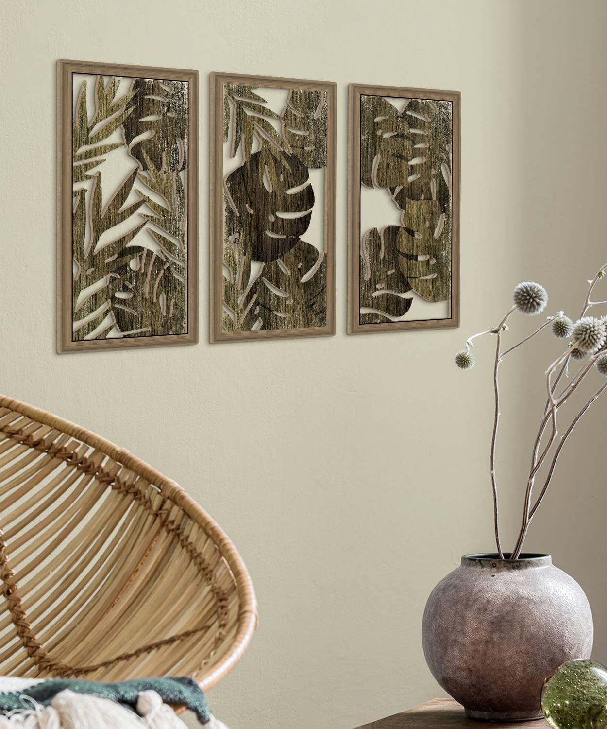 Putuo Decor Tropical Leaf Wall Art, Monstera Palm Leaves Natural Aesthetic Boho Decor, Set of 3 Modern Botanical Art for Living Room, Bedroom, Bathroom, Office 16x8 Inch