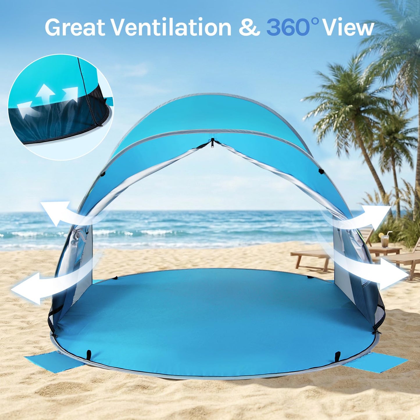 Wolfwise Pop up Beach Tent Sun Shelter with UPF50+ UV Protection, Instant Easy Setup Popup Beach Shade Canopy for 3 Person, Portable & Foldable with Carring Bag, 87 ×57×47 in, Blue
