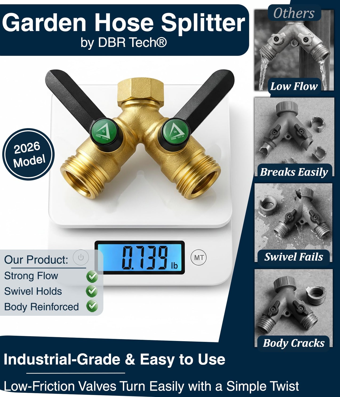 DBR Tech® Garden Hose Splitter 2 Way, Full Flow Solid Brass | 2026 Model