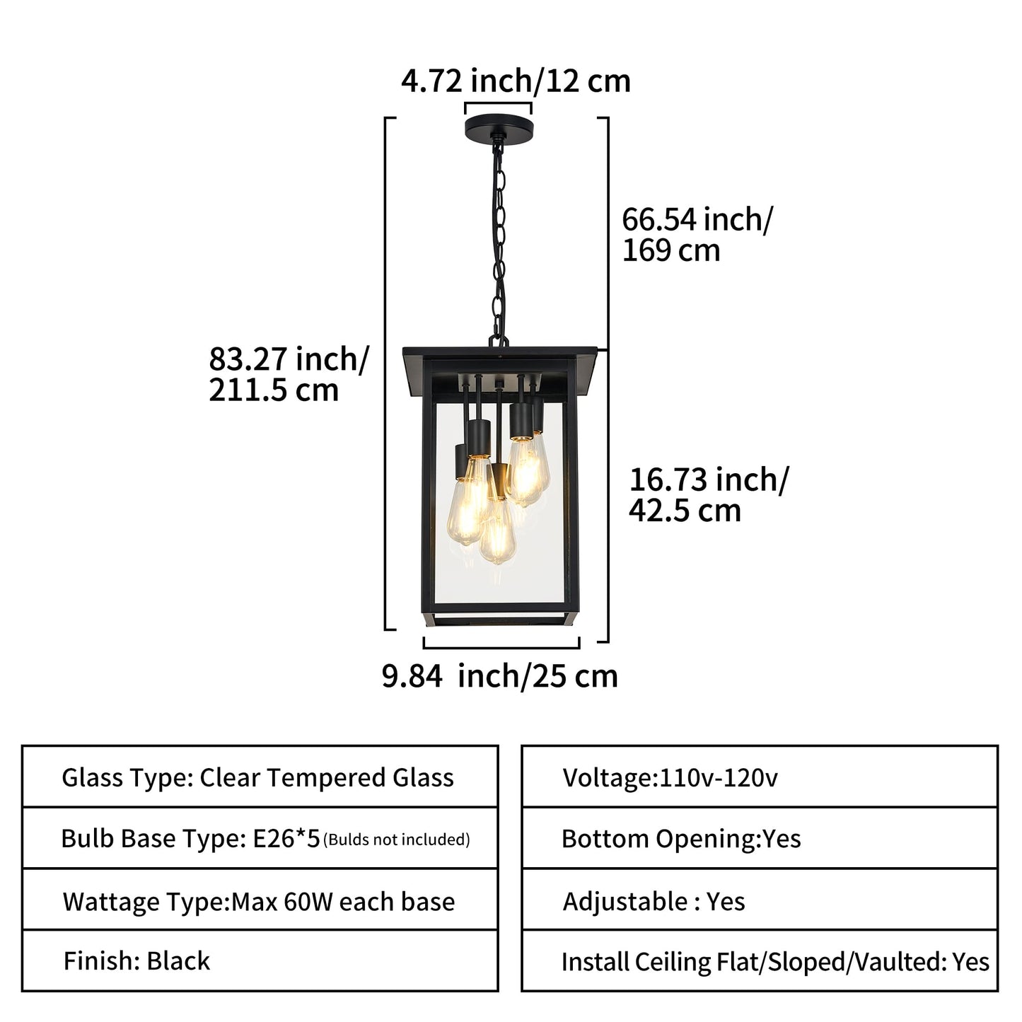 Modern Outdoor Pendant Light with Dual E26 Base Socket, Black Chandelier with Clear Glass Shade, Exterior Hanging Lantern for Front Porch Entrance Foyer Entryway