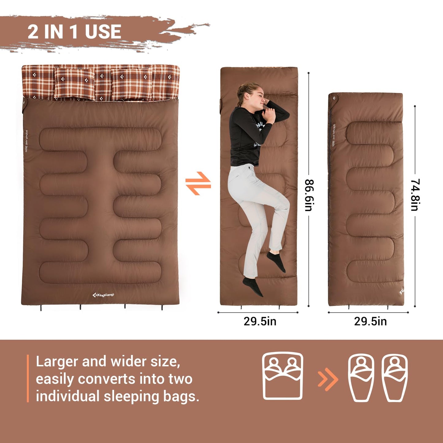 KingCamp Double Sleeping Bag for Adults, Queen Size 2 Person XXL Flannel Sleeping Bag, Waterproof Lightweight Flannel Quilt with 2 Pillows, Perfect for Couples Family Camping Hiking, Coffee