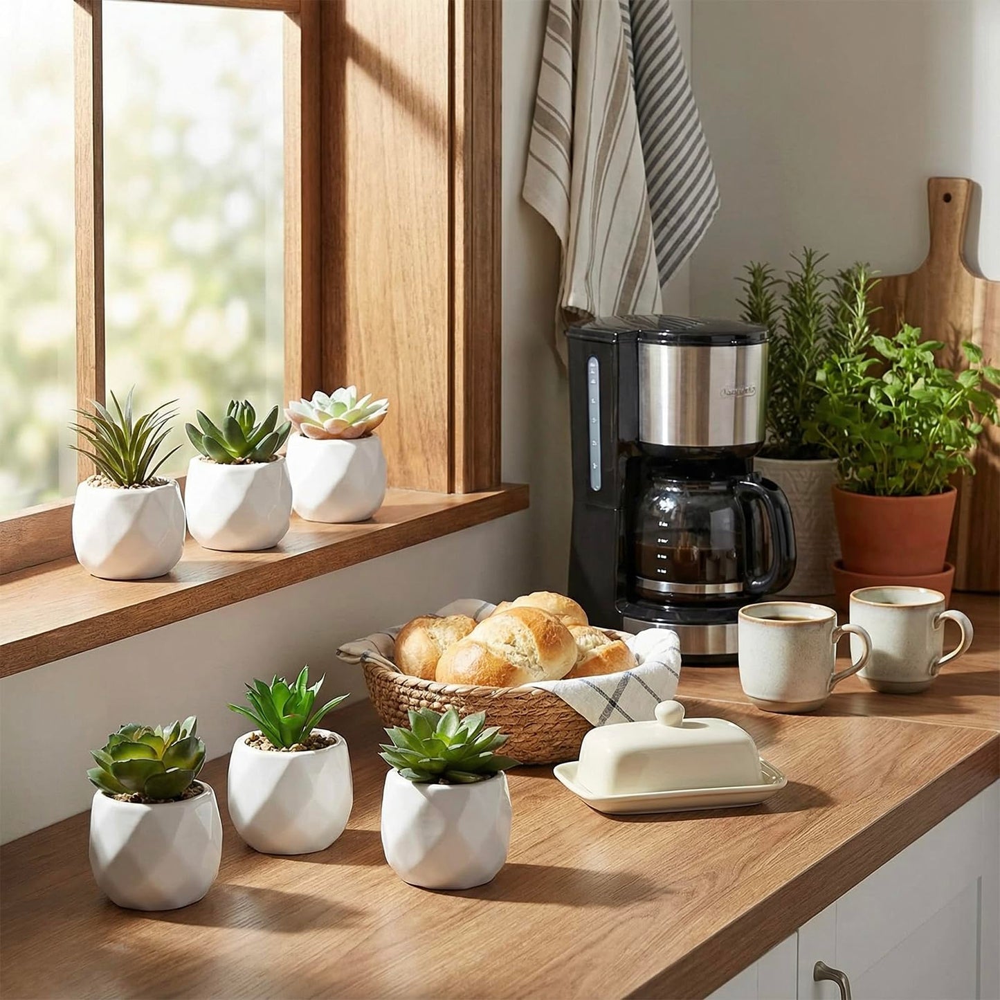 MyGift Mini Assorted Green Faux Succulent, Indoor Fake Plants in Geometric Ceramic Pots, Set of 6