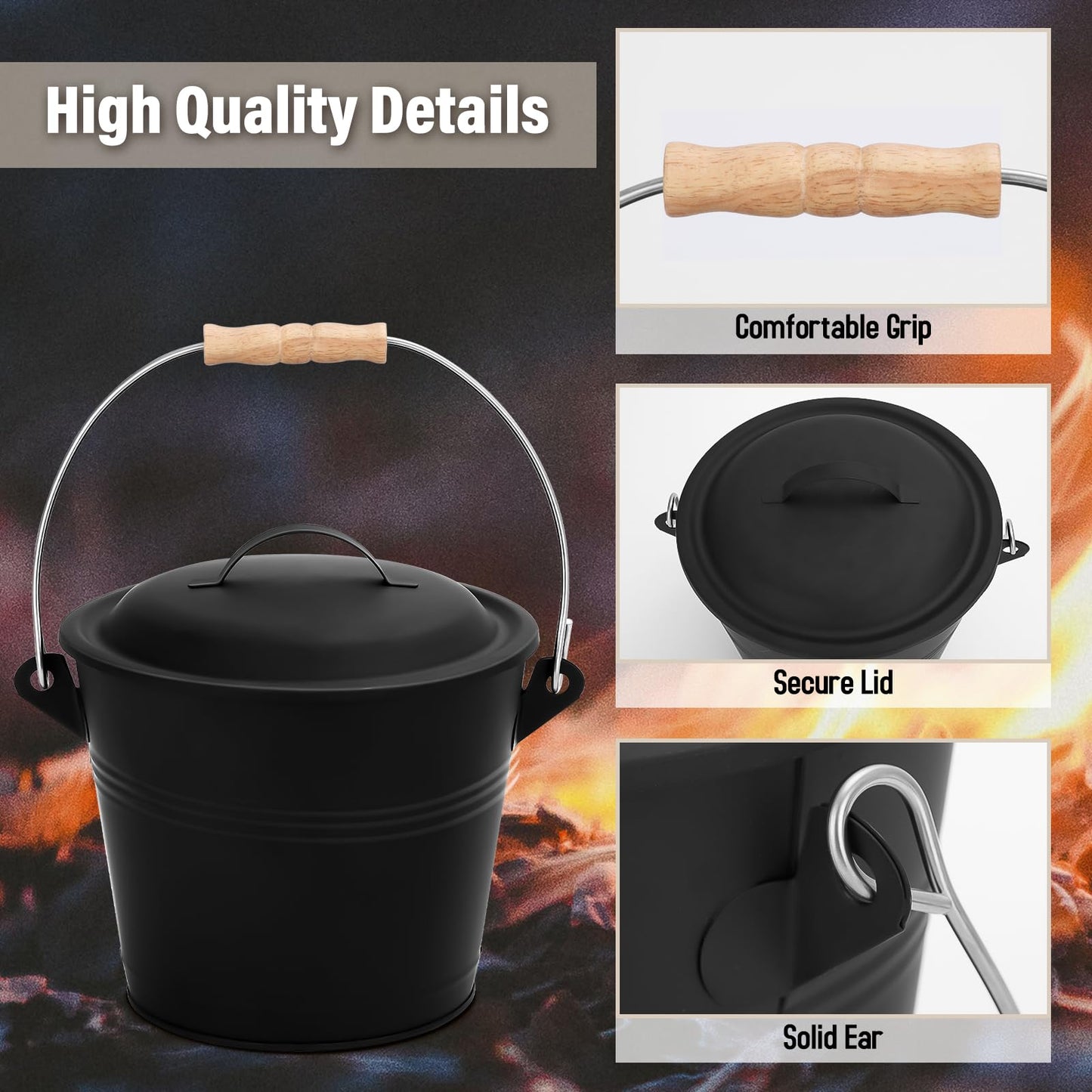 FEED GARDEN Fireplace Tools Set, 1.5 Gallon Mini Ash Bucket with Lid, Shovel, Heat-Resistant Brush & Screwdriver, Heavy Duty Galvanized Iron Ash Cleaning Tool Set, Compact 7.5" x 8.8" x 6.4”, Black
