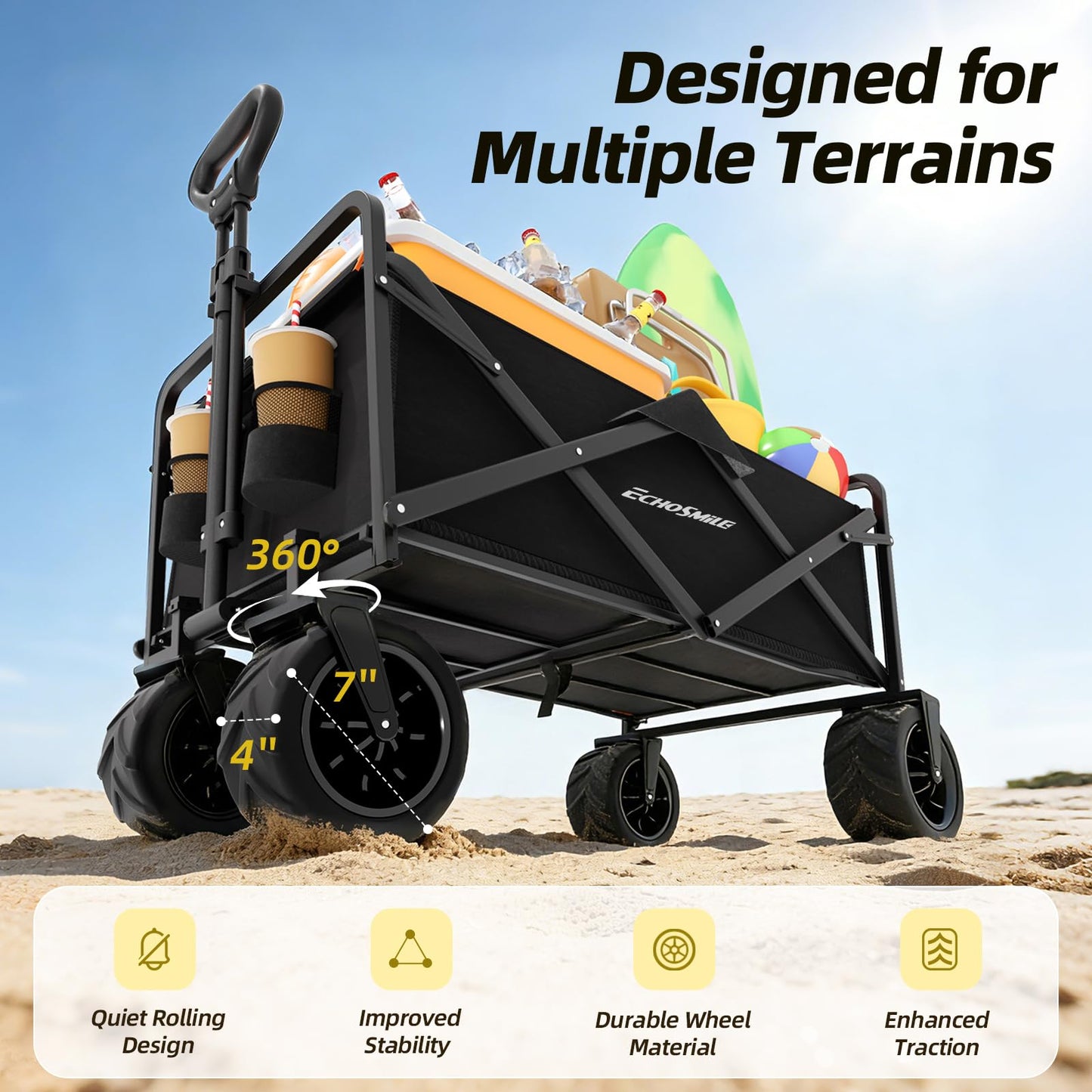 EchoSmile Heavy Duty 350 Lbs Capacity Collapsible Wagon, Outdoor Folding Camping Grocery Portable Utility Cart, Adjustable Rolling Carts, All Terrain Beach Wagon with Big Wheels (Black-Arrow)