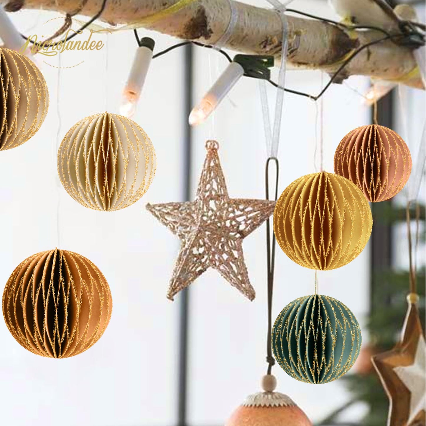 NICROLANDEE Christmas Hanging Decorations, 6 PCS Nature Round Glitter Edge Paper Honeycomb Ornaments, Green Brown Mini Paper Lanterns Ornament for Christmas Tree Décor, New Years Party Home Decor