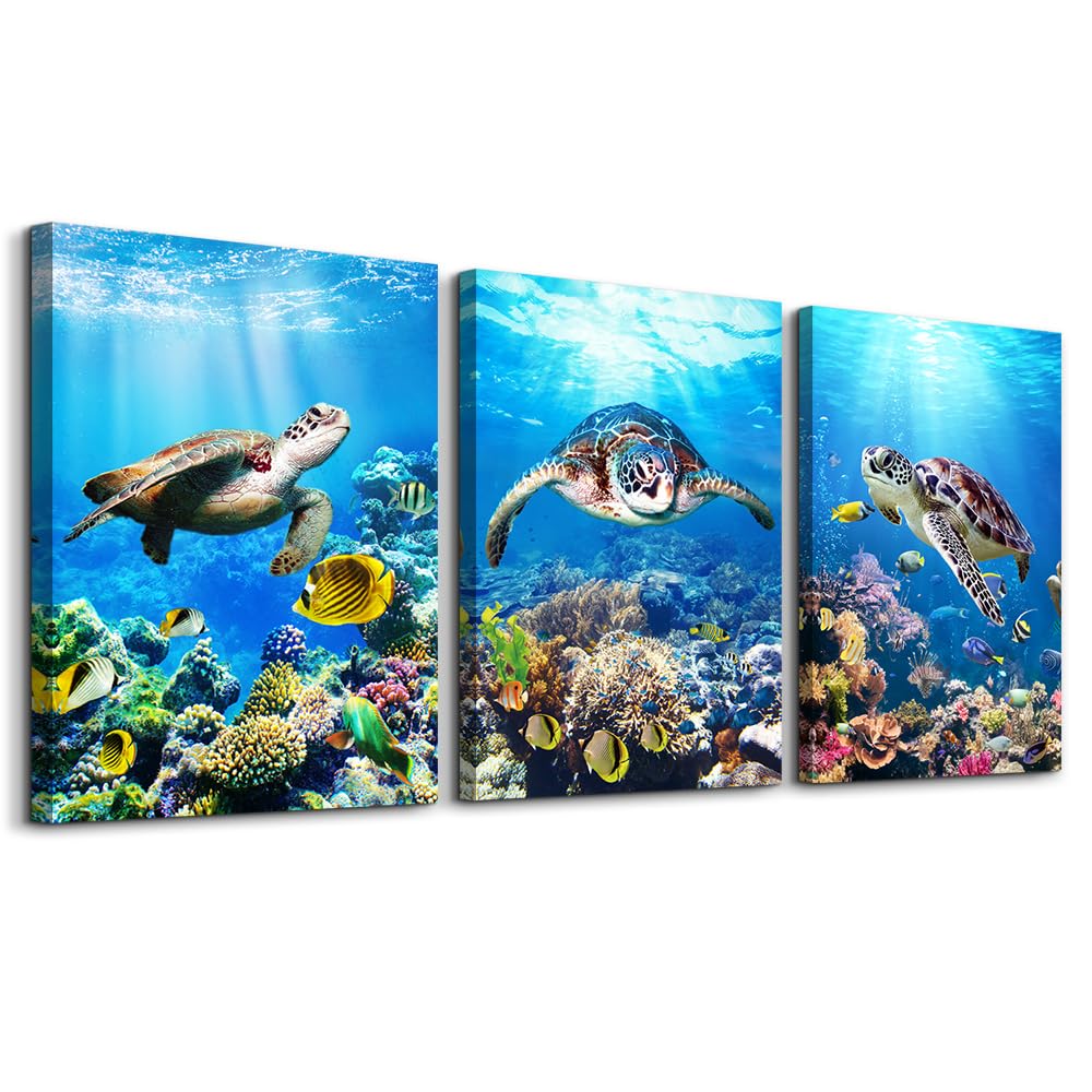 MHARTK66 Canvas Wall Art - Modern Decor for Living Room, Bedroom & Office - Sea Turtle Wall Paintings - Ocean & Underwater World Pictures - 3 Panels Ready to Hang - 12" X 16" Each