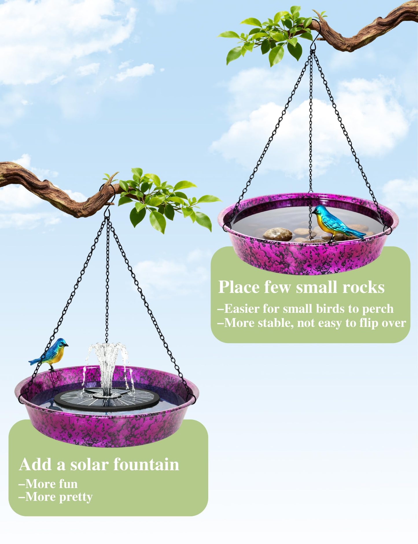 Hanging Bird Bath for Outside, 11.5” Metallic Purple & Blue Metal Birdbath Bowl & Feeder with Black Chain Outdoor Garden Yard Decor