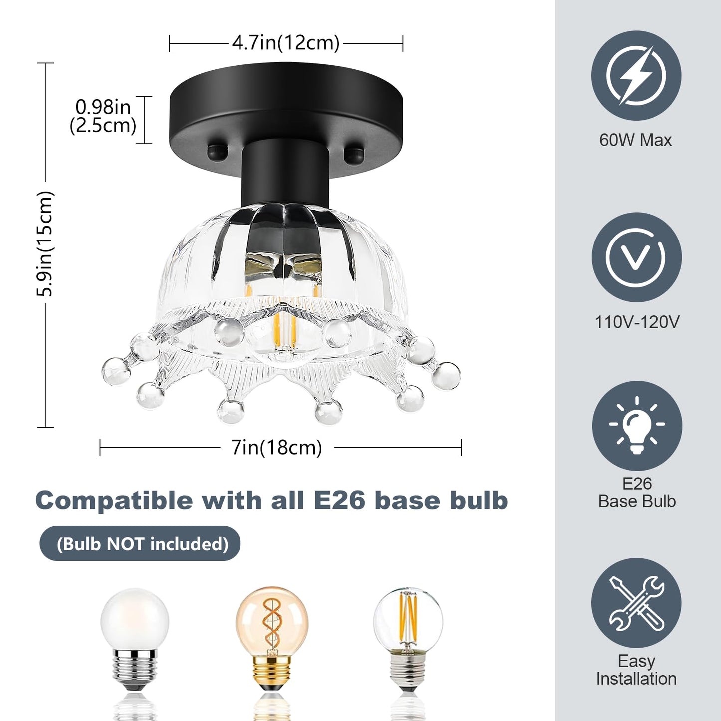 Kvhiiw 2 Pack Black Modern Ceiling Light, Small Kitchen Light Fixtures, Glass Semi Flush Mount Ceiling Light for Hallway, Foyer, Entryway, Laundry Room (7 in)