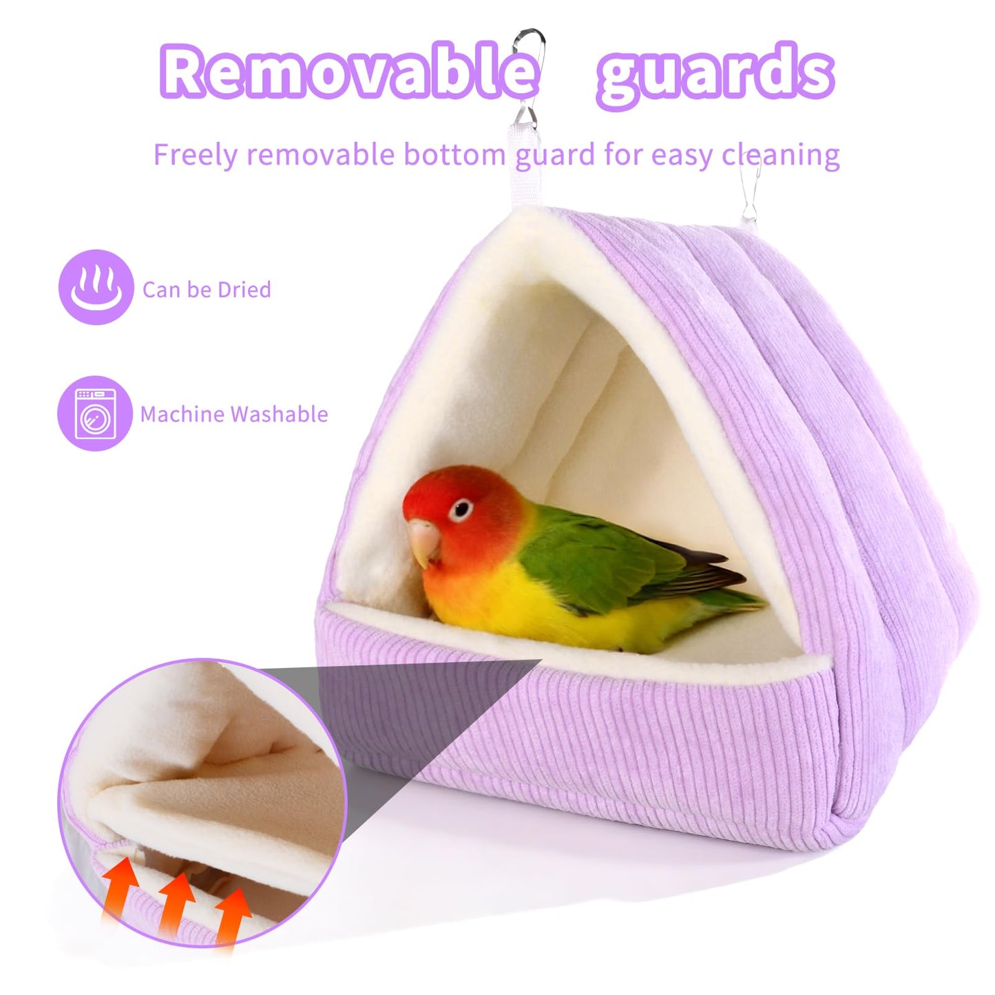 Hoopttay Bird Bed for Cage Winter Warm Bird Bed with Soft Plush Hanging Hammock & Hut Tent, Hideaway Sleeping Nest for Budgies, Parakeets, Cockatiels (Purple, M)