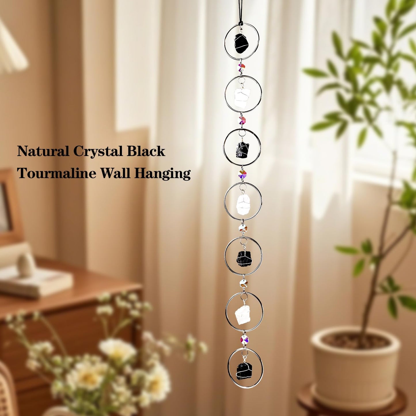 Black Tourmaline Natural Gemstone Wall Hanging - Round Crystal Sun Catcher for Windows, Boho Spiritual Home Decor, Healing Energy Ornament & Unique Gift for Women (Silver)