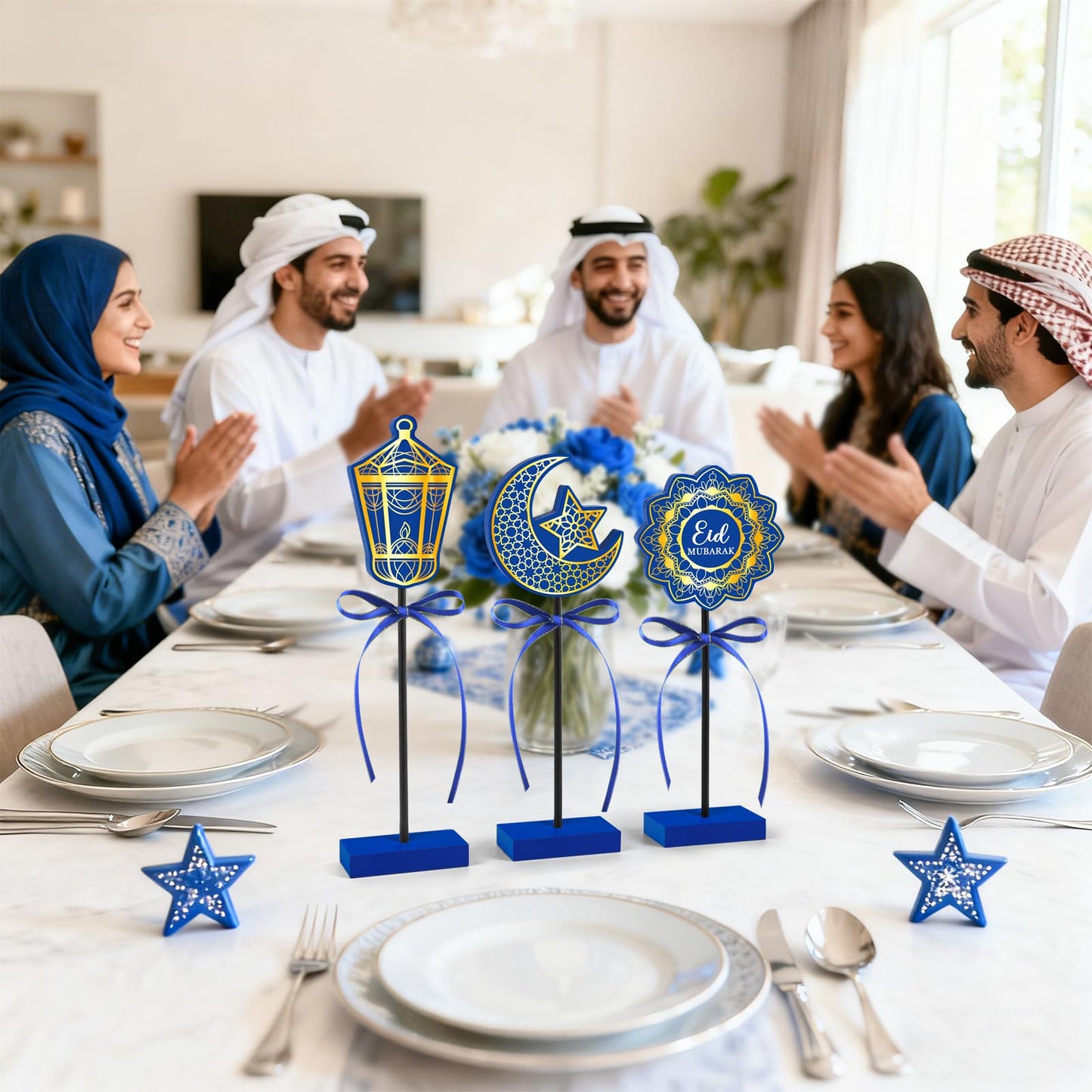 3 PCS Ramadan Table Decorations Wooden Eid Mubarak Signs Rustic Islamic Ramadan Tiered Tray Decor for Muslim Party Home Kitchen Decor (Blue.Classic)