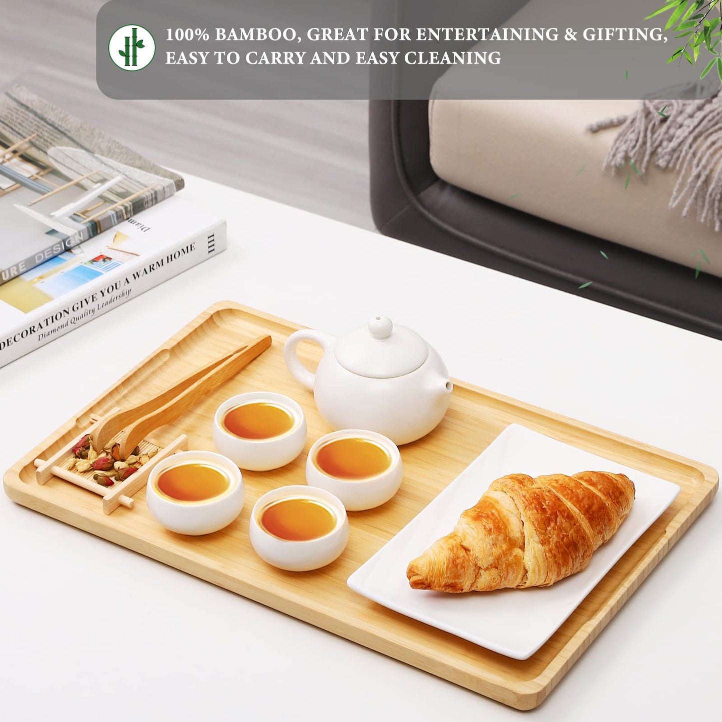 Webacoo Bamboo Tray with Handles - Lightweight Serving Tray for Breakfast in Bed, Coffee Table, BBQ, Kitchen, Ottoman & Party - Perfect for Lap, Couch & Gifting - Large Size Wood Tea Tray - 15”x10”