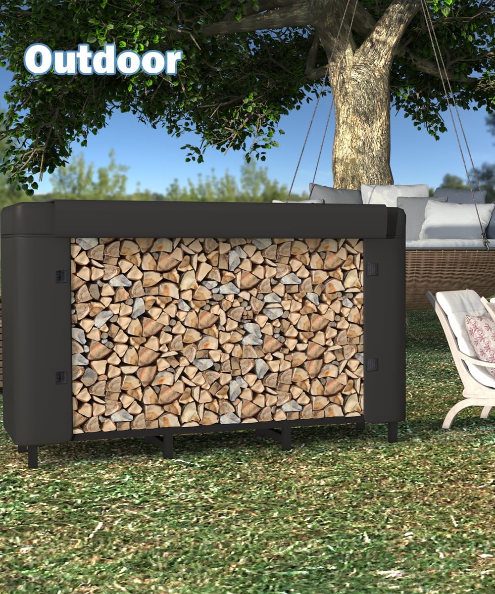 Tikimilor 4ft Firewood Rack Holder with Cover, Adjustable Heavy Duty Fire Log Stacker Stand for Fireplace, Outdoor Indoor Metal Wood Pile Storage Organizer, Patio Logs Stand tool, Black