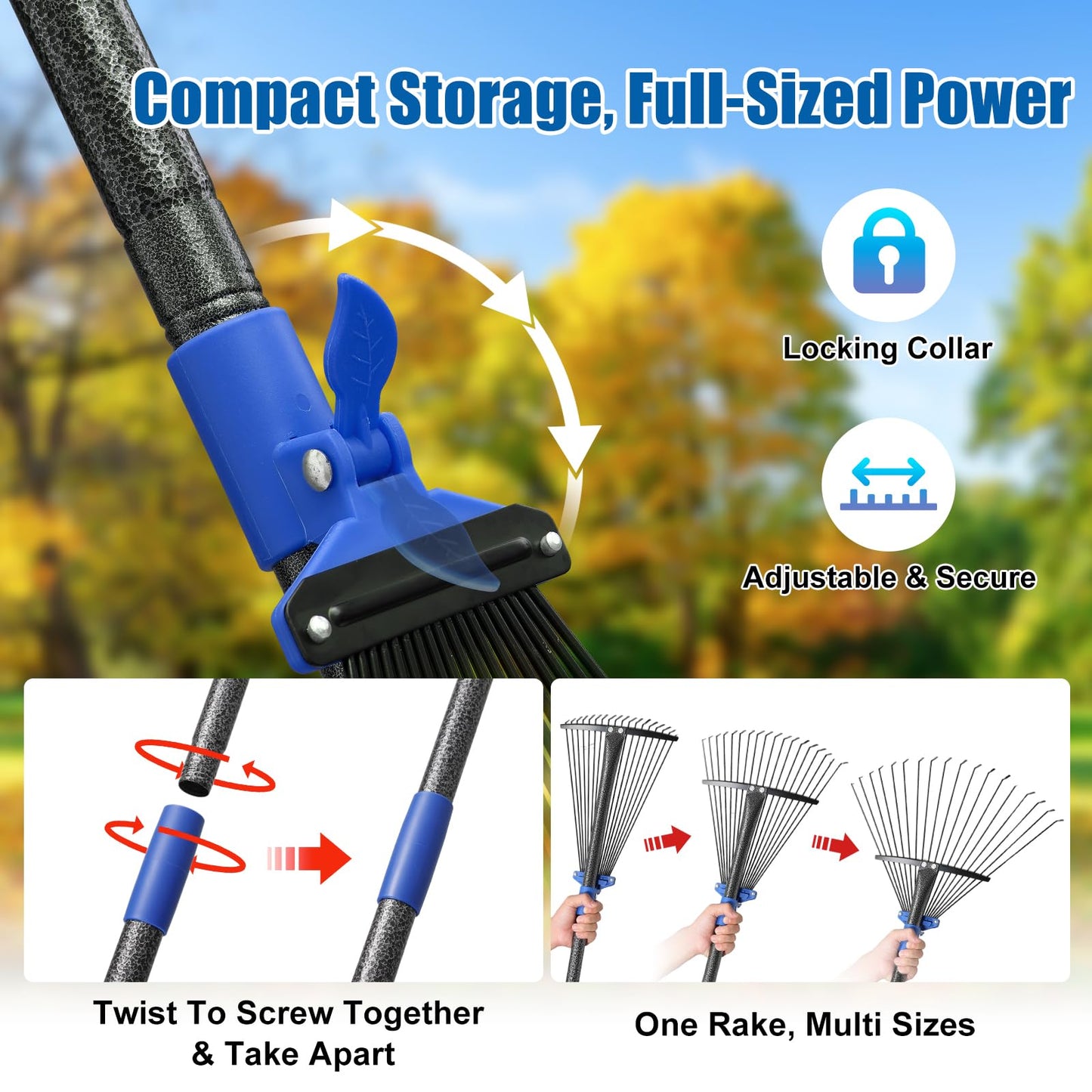 Rake for Leaves: Adjustable Metal Leaf Rake for Lawn, 8-17" Expandable Head, 45” Long Handle,Collapsible Heavy Duty Women Kids Garden Rakes for Yard Pine Needles Mulch Grass Debris Gardening Camping