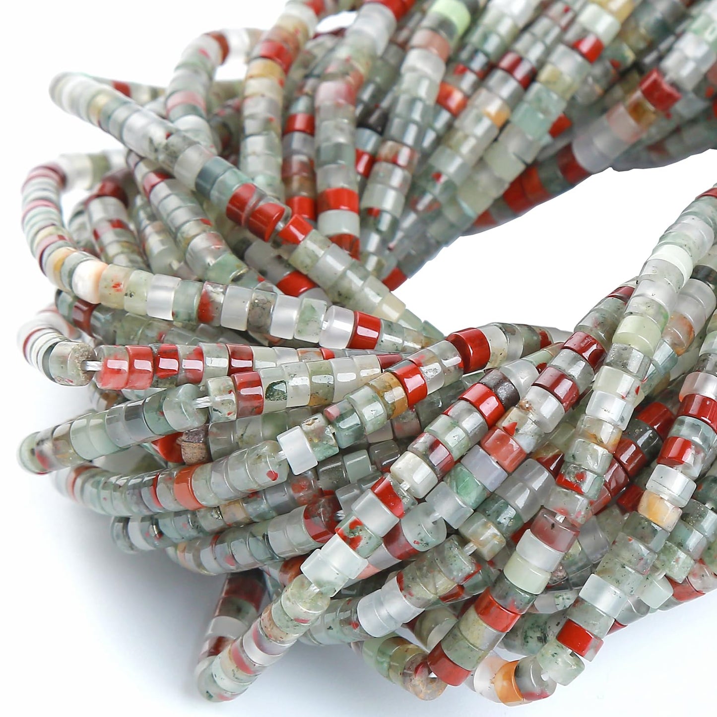 150pcs 2x4mm Natural African Bloodstone Tube Shape Beads Loose Flat Round Cylinder Flat Spacer Green Stone Beads for Bracelet Earrings Jewelry Making
