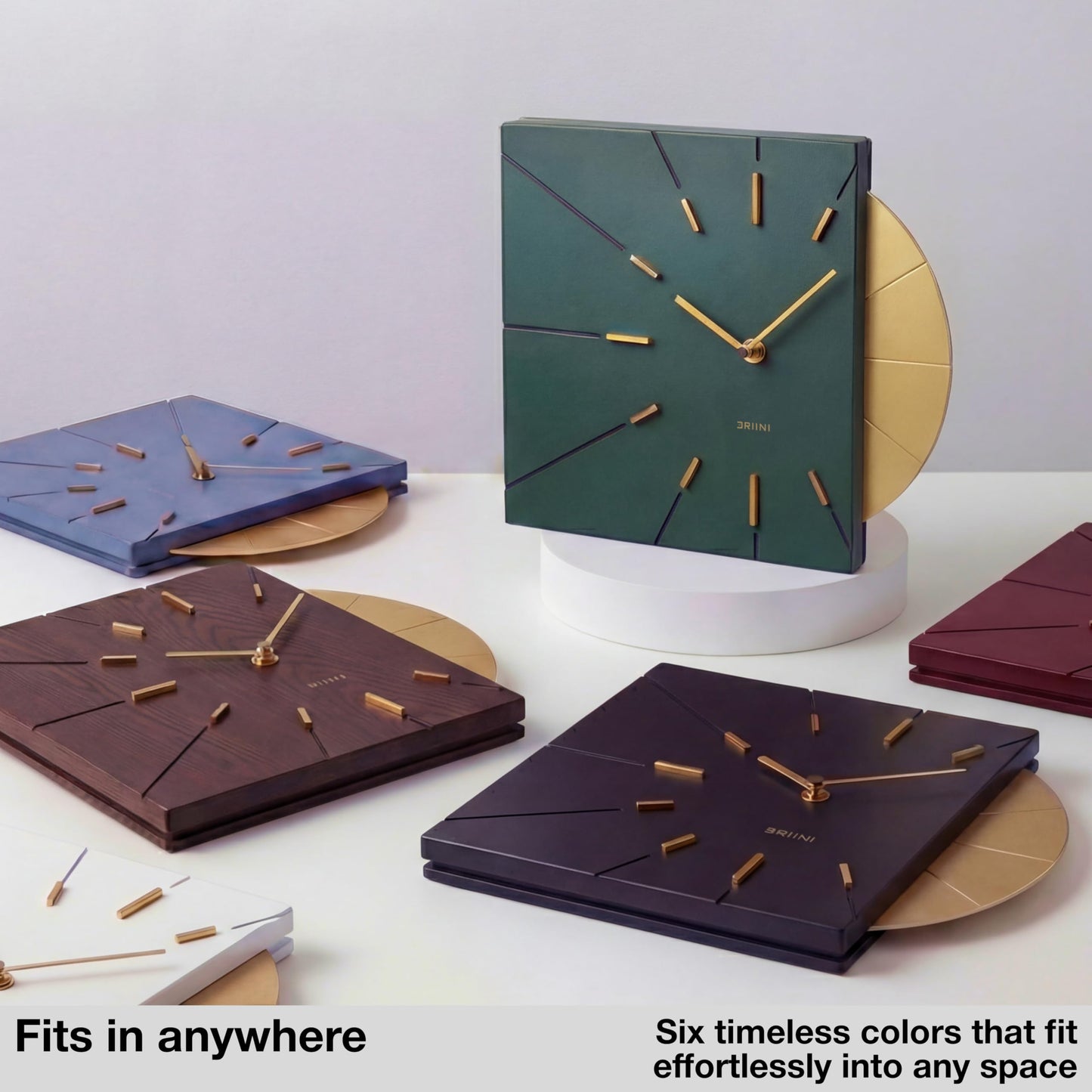 Driini Clocks Mid Century Modern Wall Clock - Square Green Clock with Decorative Gold Accent- Unique and Cool Clock, Battery Operated - MCM Decor & Decorative Wall Clock for Mid Century Modern Decor.