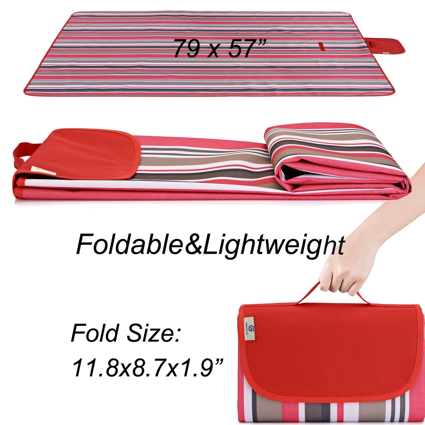 FashionLive Beach Blanket Picnic Mat Sandproof Waterproof Extra Large Outdoor Camping Blanket Foldable Portable Picnic Mat for Travel Hiking Music Festival Park Lawn Grass Red Lines