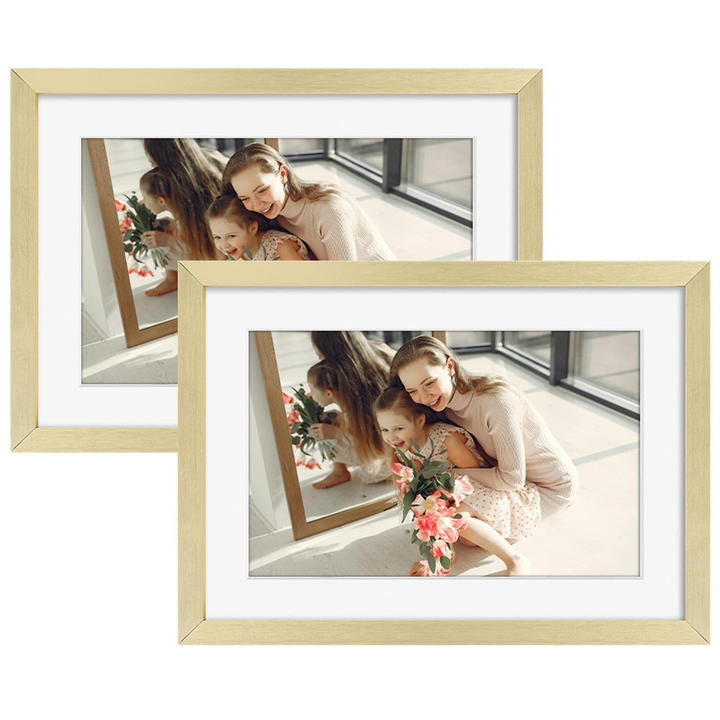 Golden State Art, Gold 5x7 Aluminum Picture Frame - Display Photos 4x6 with Mat or 5x7 inch Without Mat - Shatter-Resistant Glass Metal Photo Frame for Wall or Tabletop Display (2 Pack)