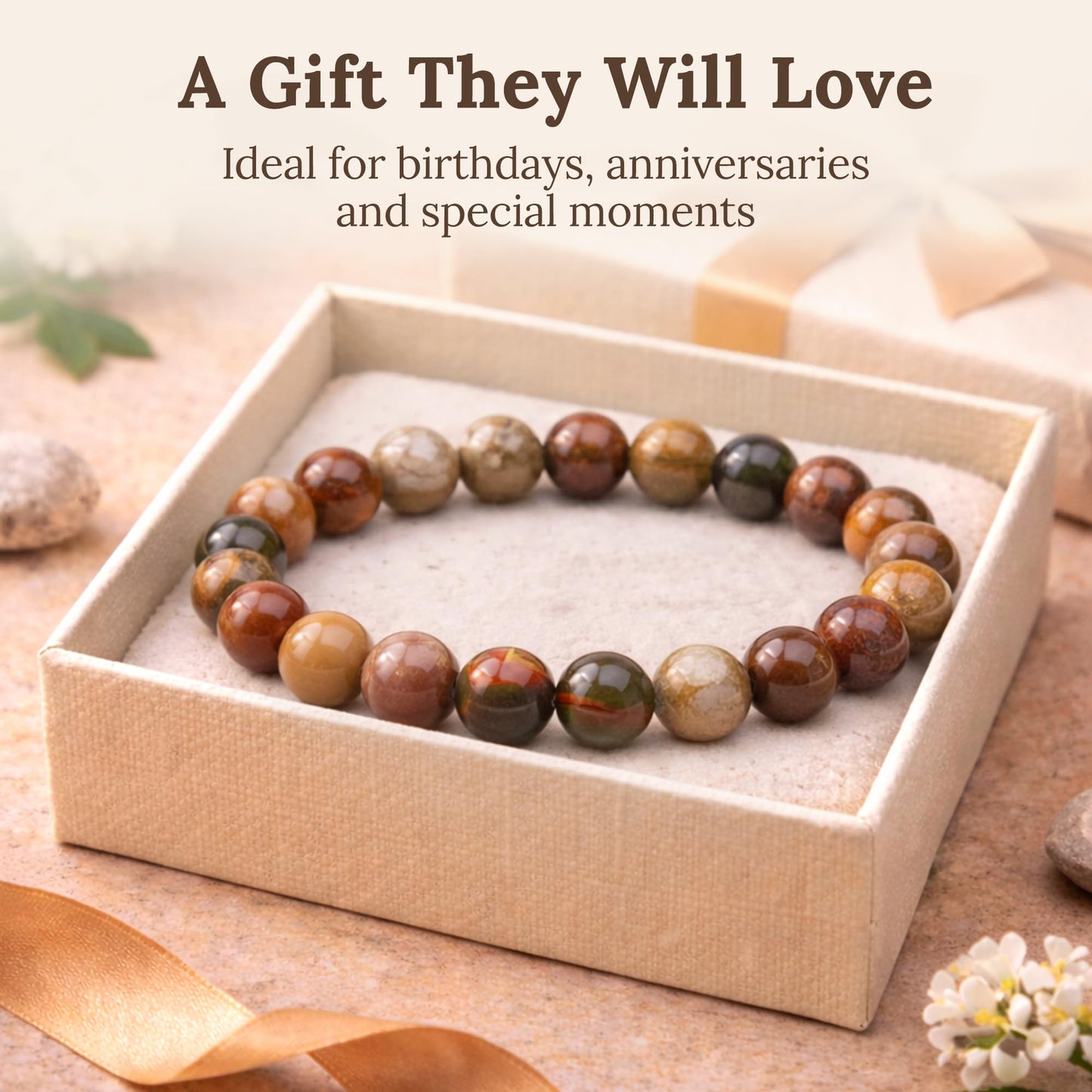 Elm City Direct 8mm Natural Stone Beaded Bracelet – Unisex Crystal Stretch Bracelets for Men & Women, Chakra & Healing Jewelry, Gift-Ready Beaded Bracelets (Egg Stone, 8mm)