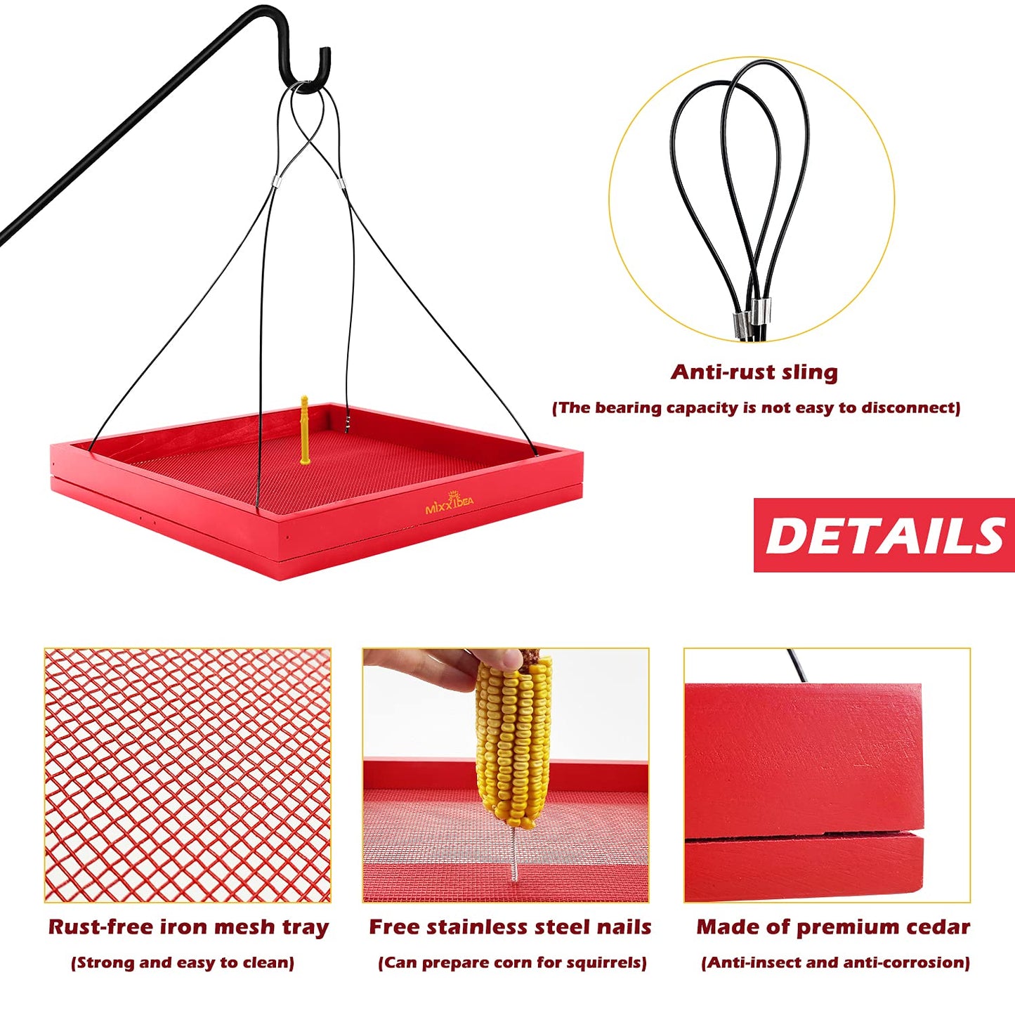 MIXXIDEA Bird Feeder Hanging Tray Seed Tray Wooden Platform Hummingbird Feeder Hanging Tray Mesh Seed Platform for Garden Yard Outside Decoration Attracting for Wild Birds (Red-1pk)