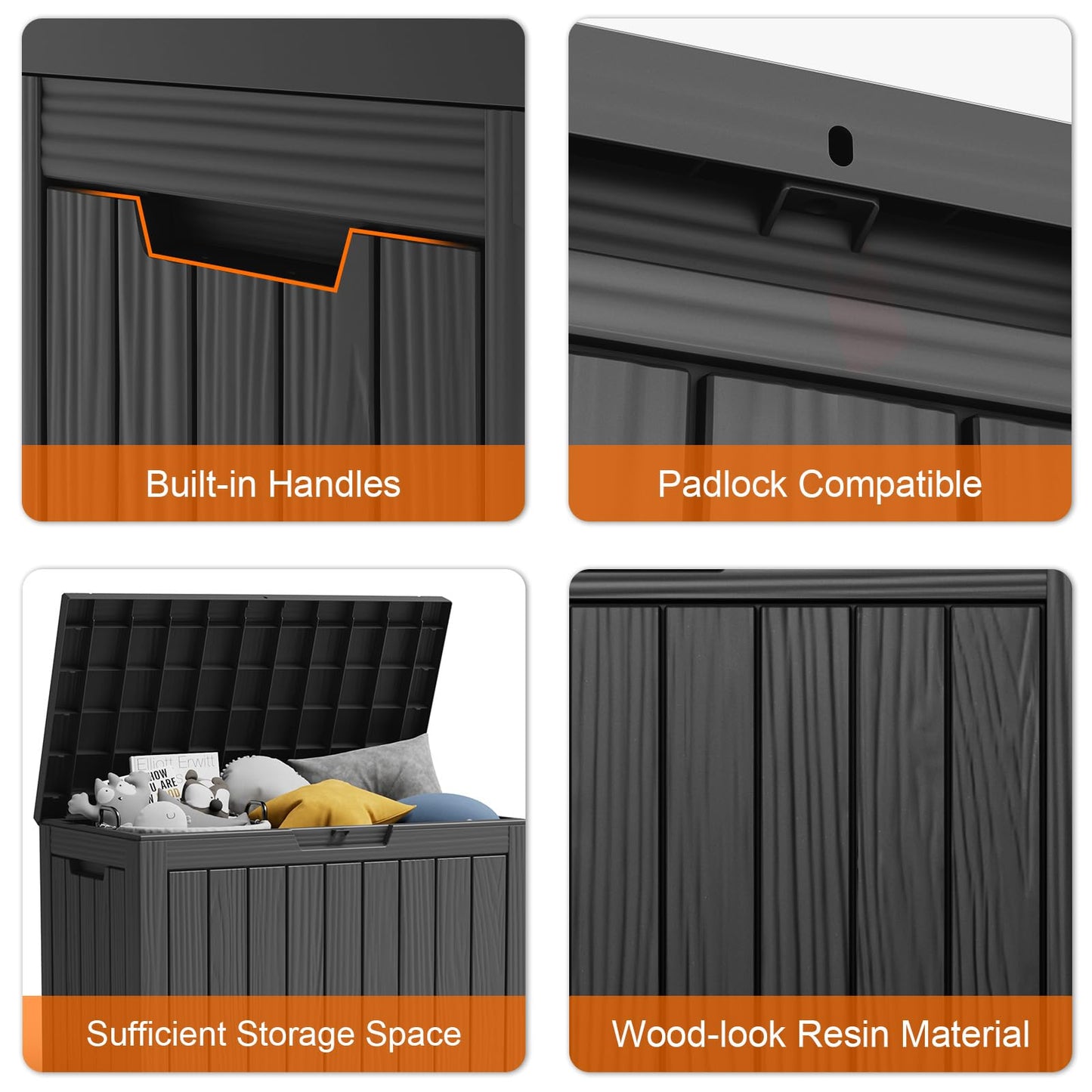 PatioZen 45 Gallon Resin Deck Box, Lockable Patio Outdoor Storage Box for Furniture, Garden Tools and Tools Storage, Waterproof Outside Storage Boxes - Black