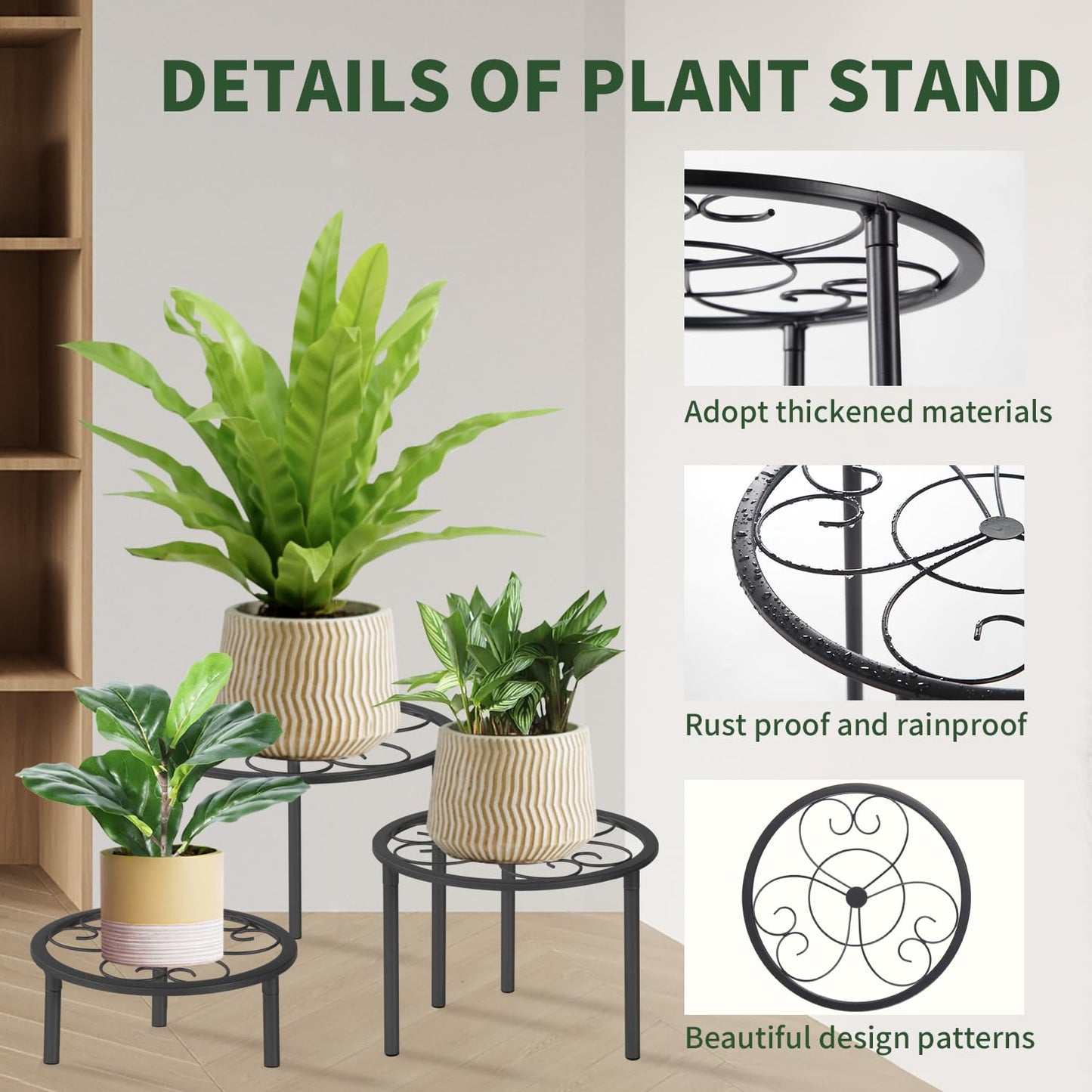 mekpiwu 5-piece set of metal plant potted flower racks, heavy-duty flower pot plant racks of different sizes, iron flower racks, suitable for indoor and outdoor home decoration (Black) (5, Black)