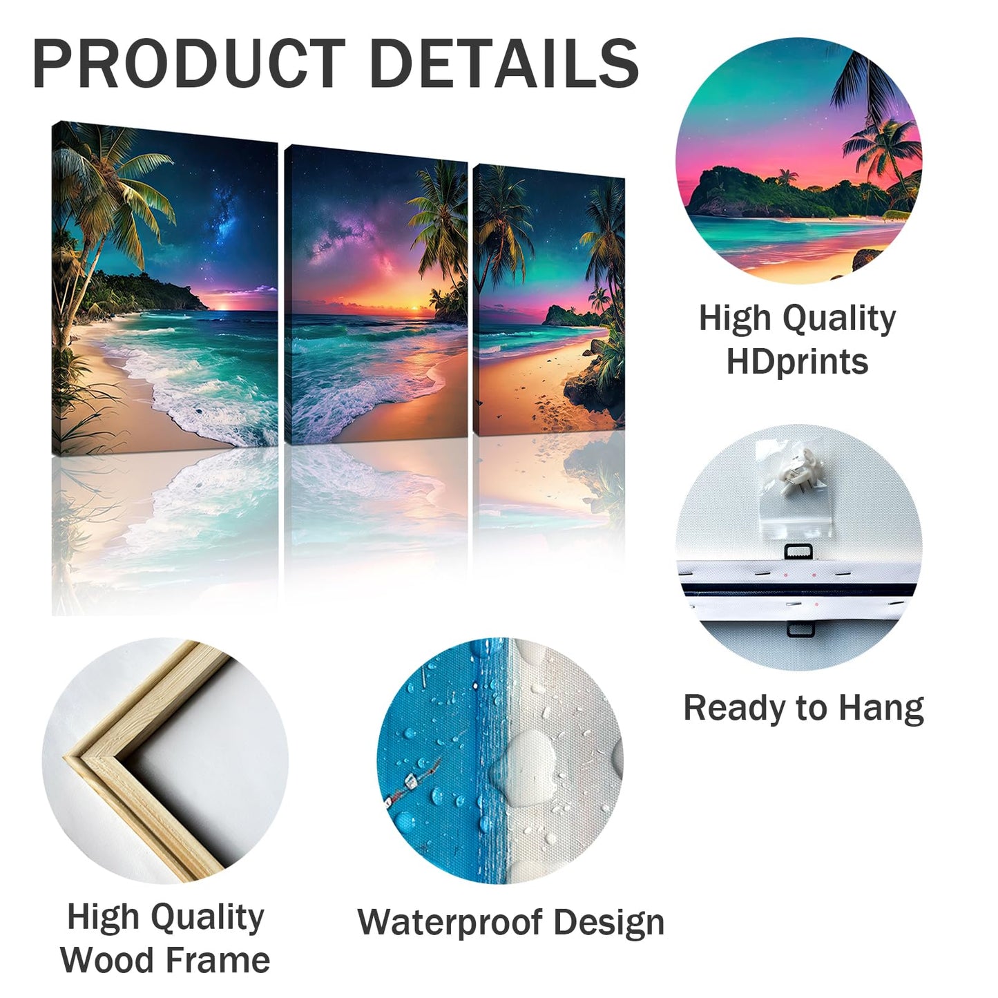 weiyiart Beach Sunset Wall Art Ocean Print Art Tropical Canvas Wall Decor 3 Panels Northern Lights Aurora Polaris Nature Landscape Painting for Modern Bathroom Living Room Bedroom Office 12"x16"x3pcs