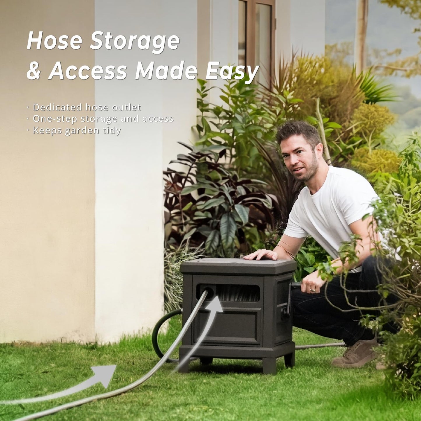 BREEZEREEL Heavy Duty Steel Garden Hose Reel Deck Box, Holds 125 ft x 5/8 inch Hose, Leak-Proof Aluminum Water System, Manual Crank with Hose Guide, 4-Leg 200LBS Stable Base, No Mount Required