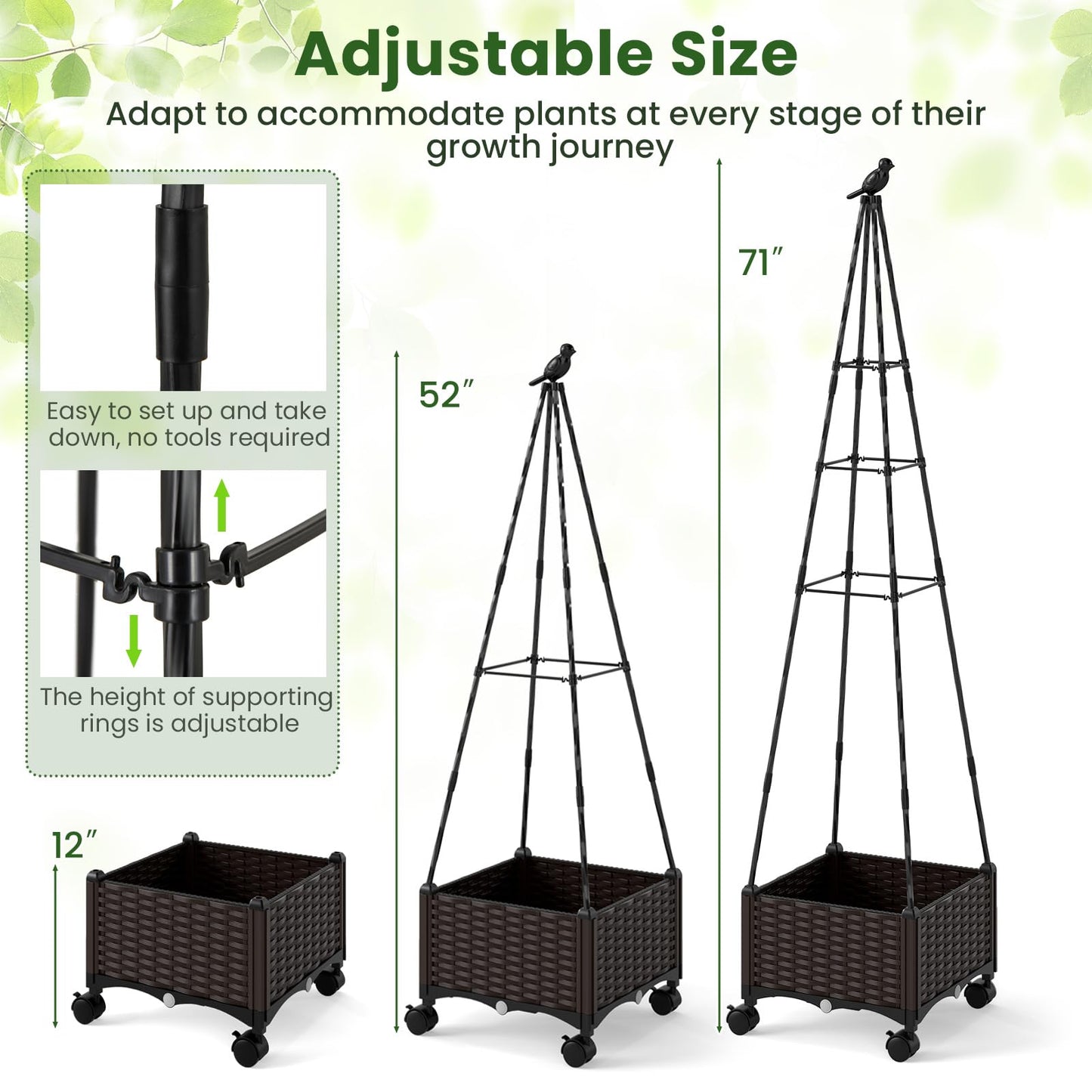 Giantex Raised Garden Bed with Wheels & Tomato Cage, Self Watering Planter Box with Obelisk Trellis, Adjustable Height, Indoor Outdoor Planter for Climbing Plant Flower Vegetable Fruit (1)