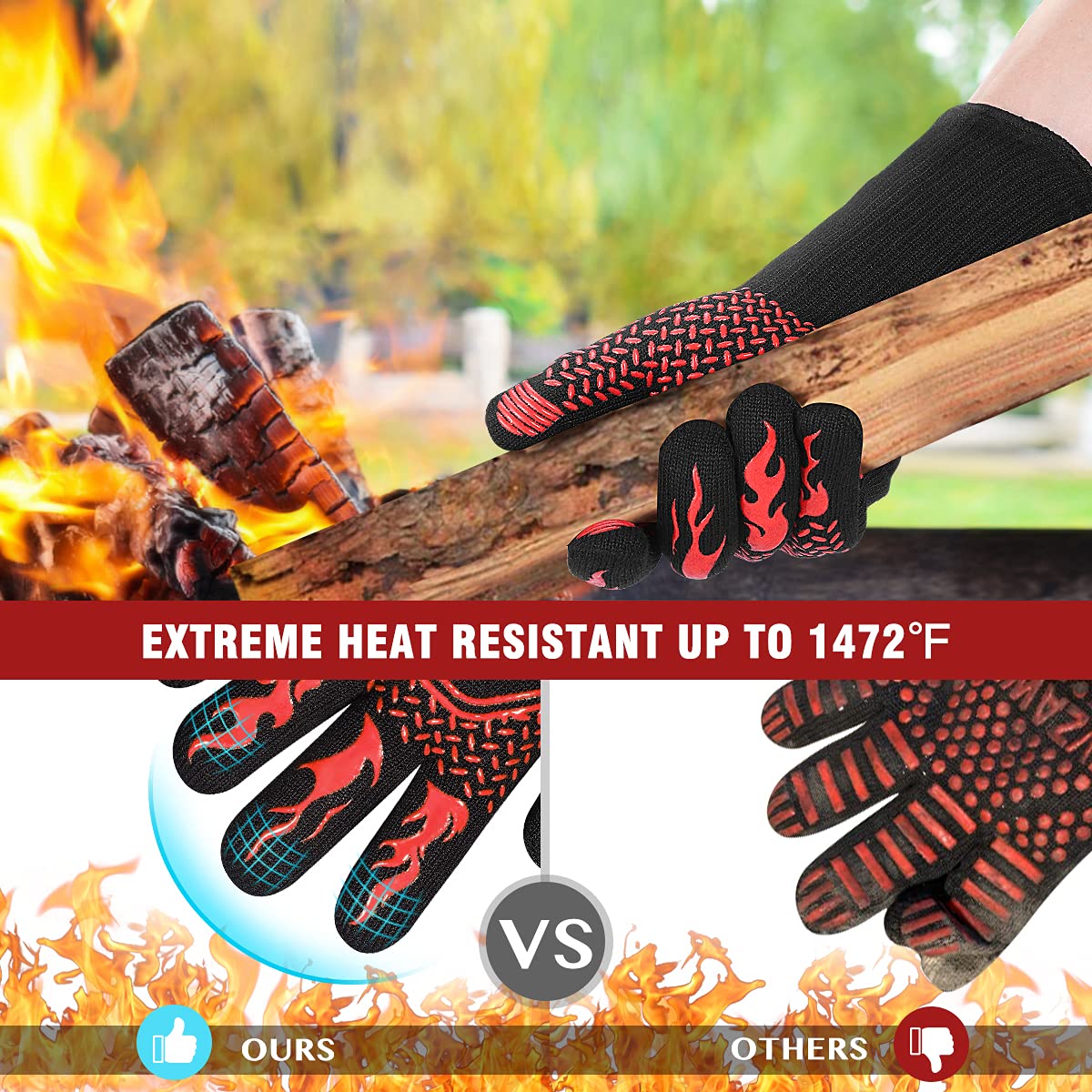 BBQ Grill Gloves : 1472 ℉ High Temp Resistance Fireproof Glove for Grilling Barbecue - Washable Long Silicone Oven Mitts Extreme Hot Proof Mittens for Kitchen Cooking Baking
