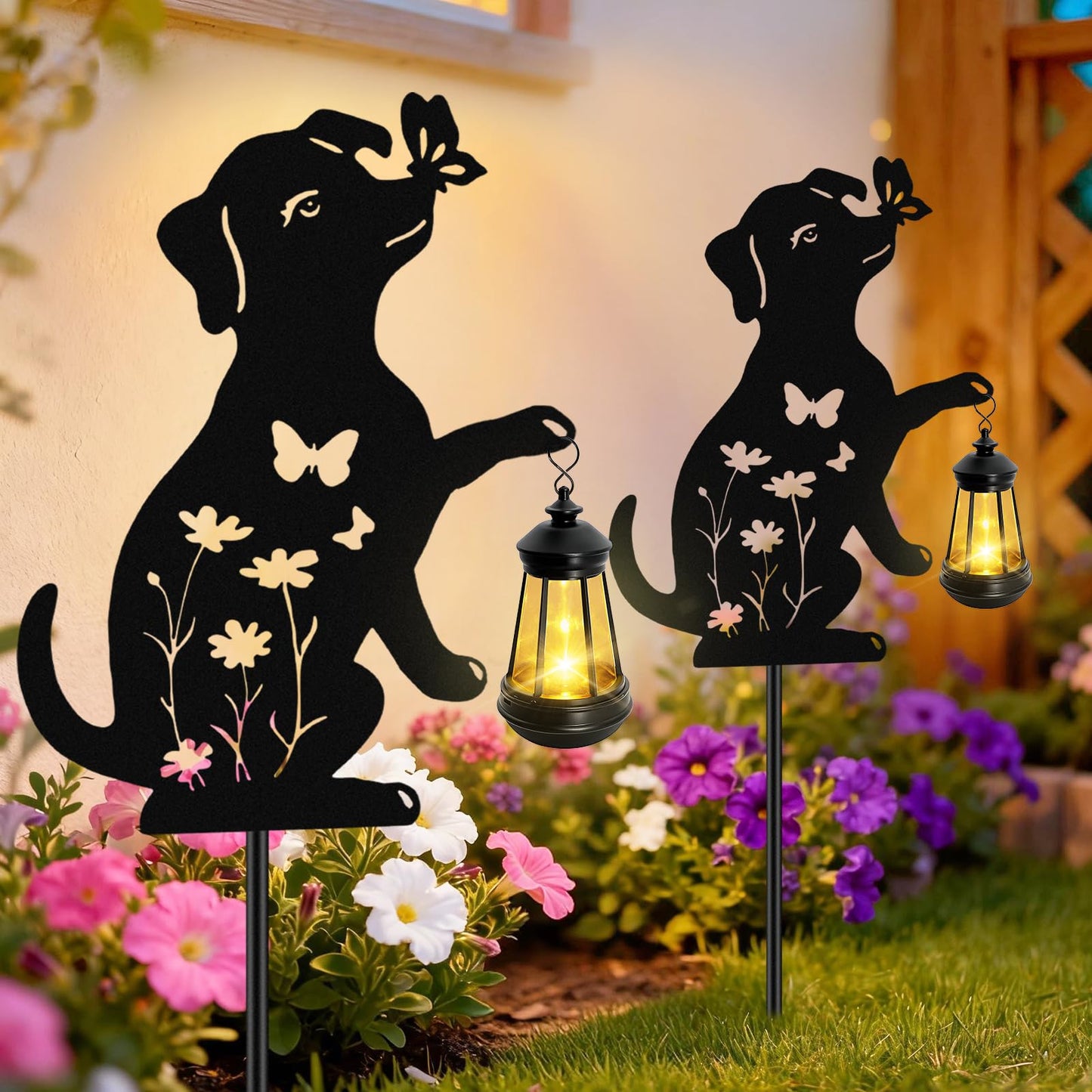 Dog Outdoor Solar Lantern Waterproof, Birthday Gifts for Christmas Women Mom, Solar Hanging Lights with Butterfly Metal Figurine, Garden Decor Outside Patio Yard Pathway Backyard Ornaments, 2 Pack