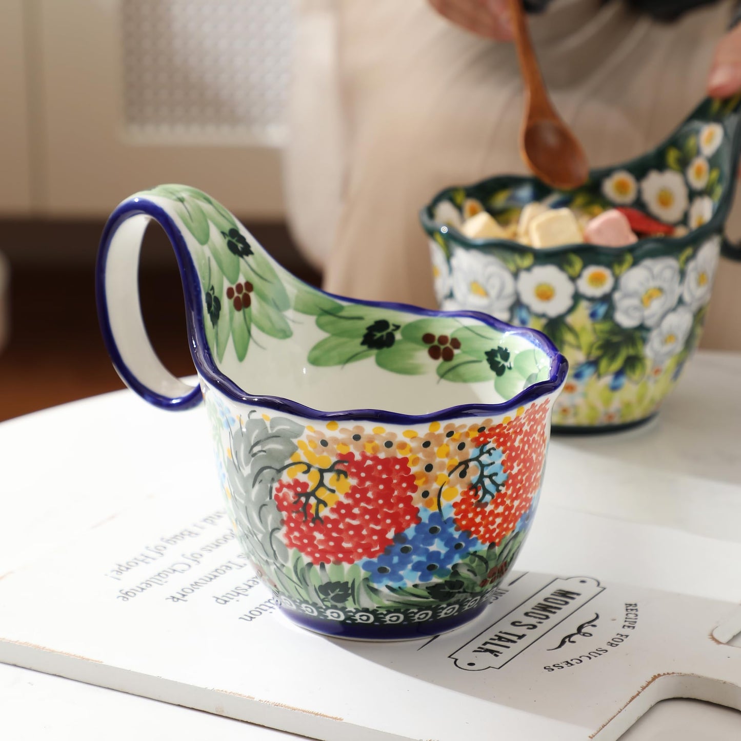 ALMA 2025 Updated Decorative Pottery Soup Bowl Microwave Safe,Large Ceramic Soup Bowl with Loop Handle,Ceramic Cereal Bowl for Soup,Snack,Chip,Stew,Ice cream-Spring Splendor Theme